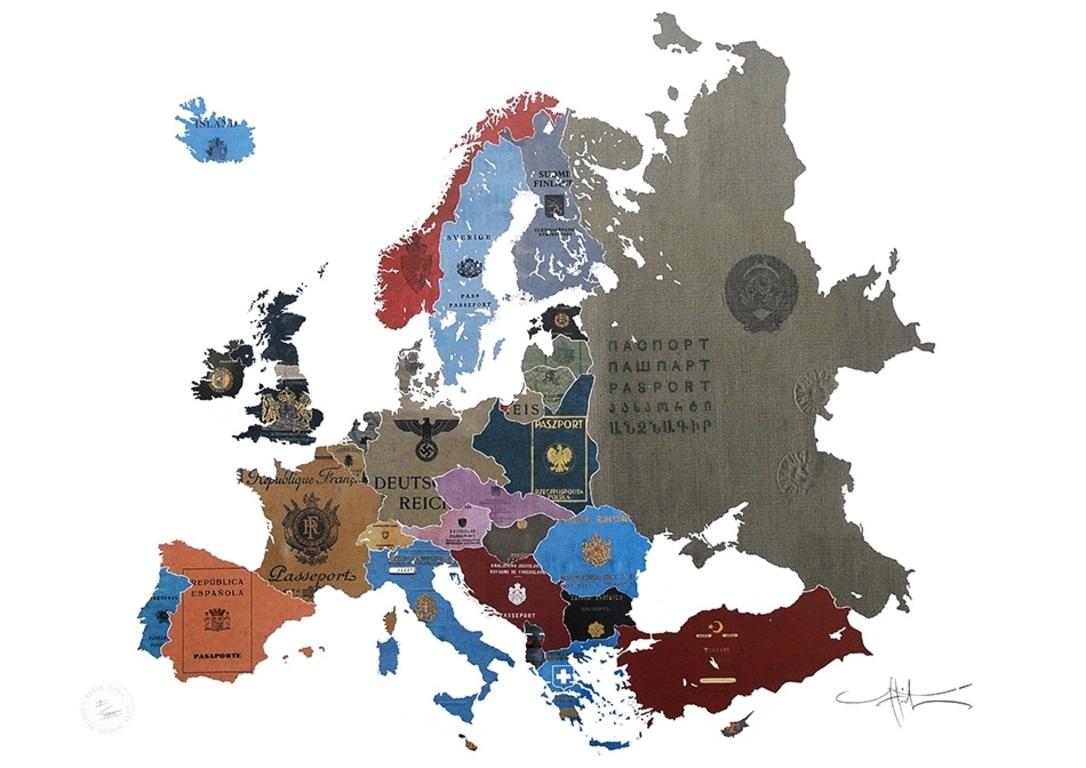 Yanko Tihov Print - Europe 1930s - mixed media passport map print hand painted