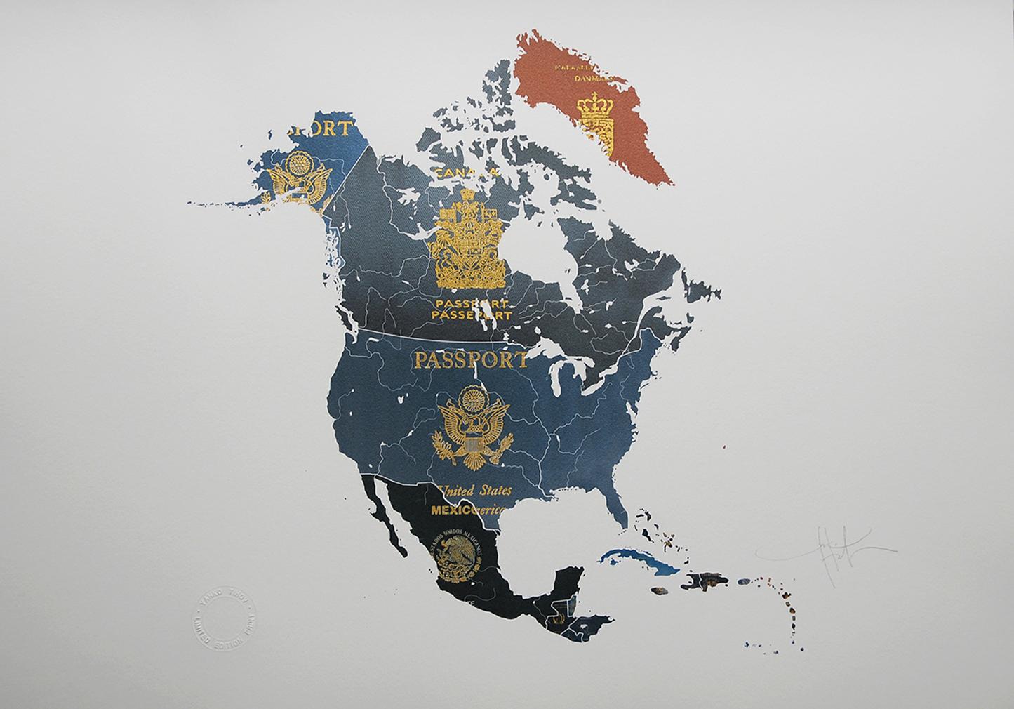 North America - mixed media passport map print hand painted - Print by Yanko Tihov