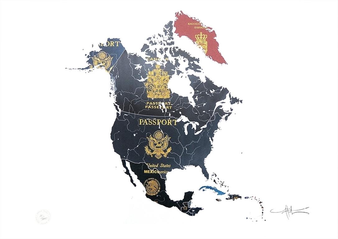 North America - mixed media passport map print hand painted
