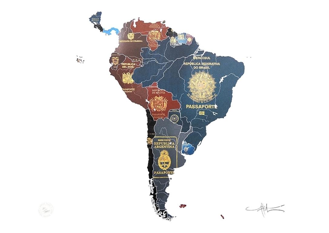 South America - mixed media passport map print hand painted
