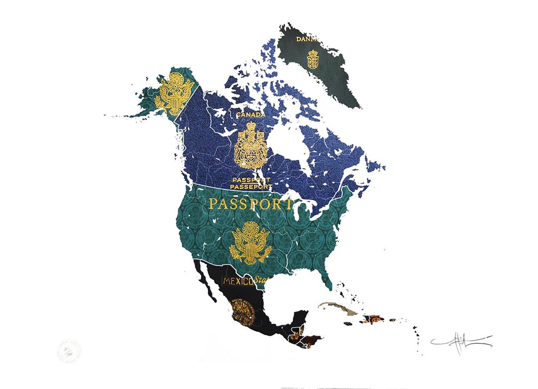 Yanko Tihov Print - North America 1960s - mixed media passport map print hand painted