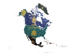North America 1960s - mixed media passport map print hand painted