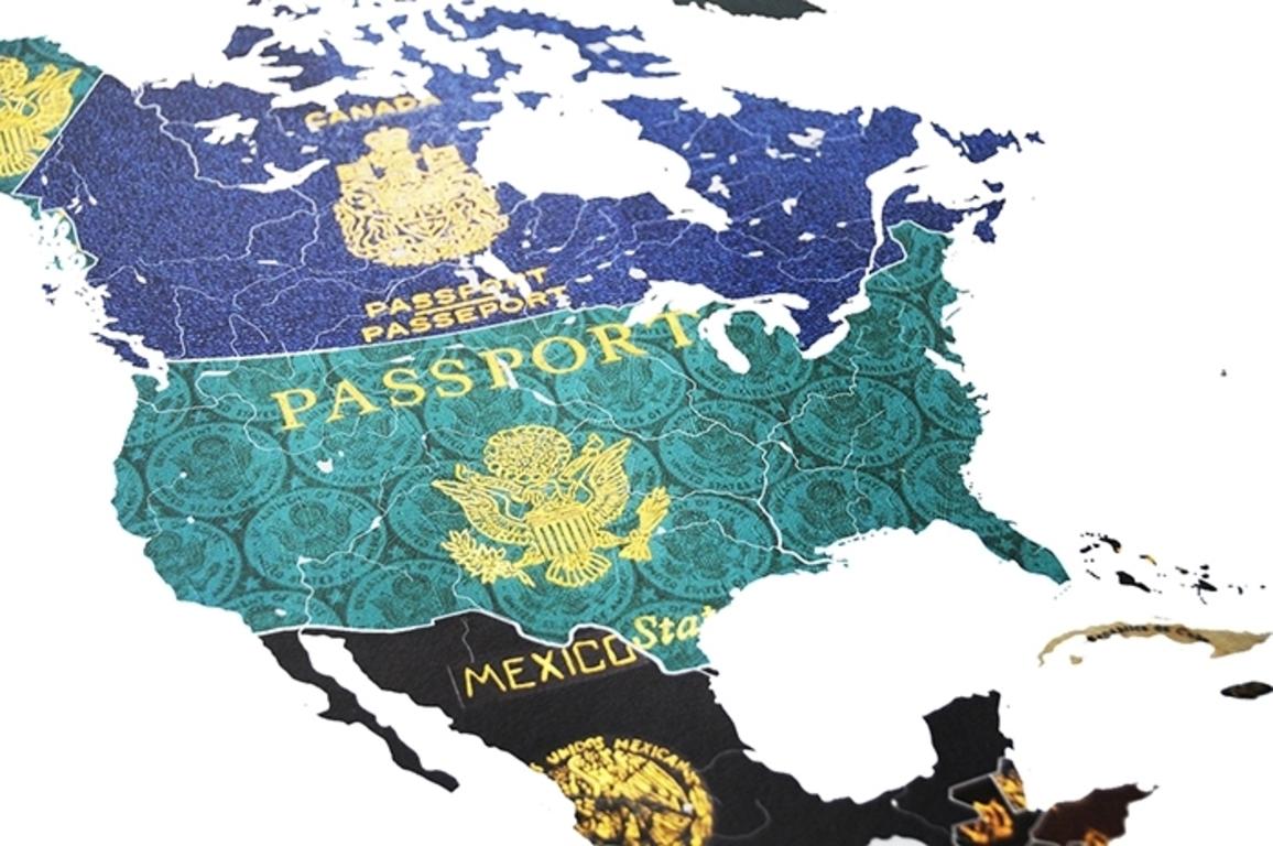 North America 1960s - mixed media passport map print hand painted - Print by Yanko Tihov