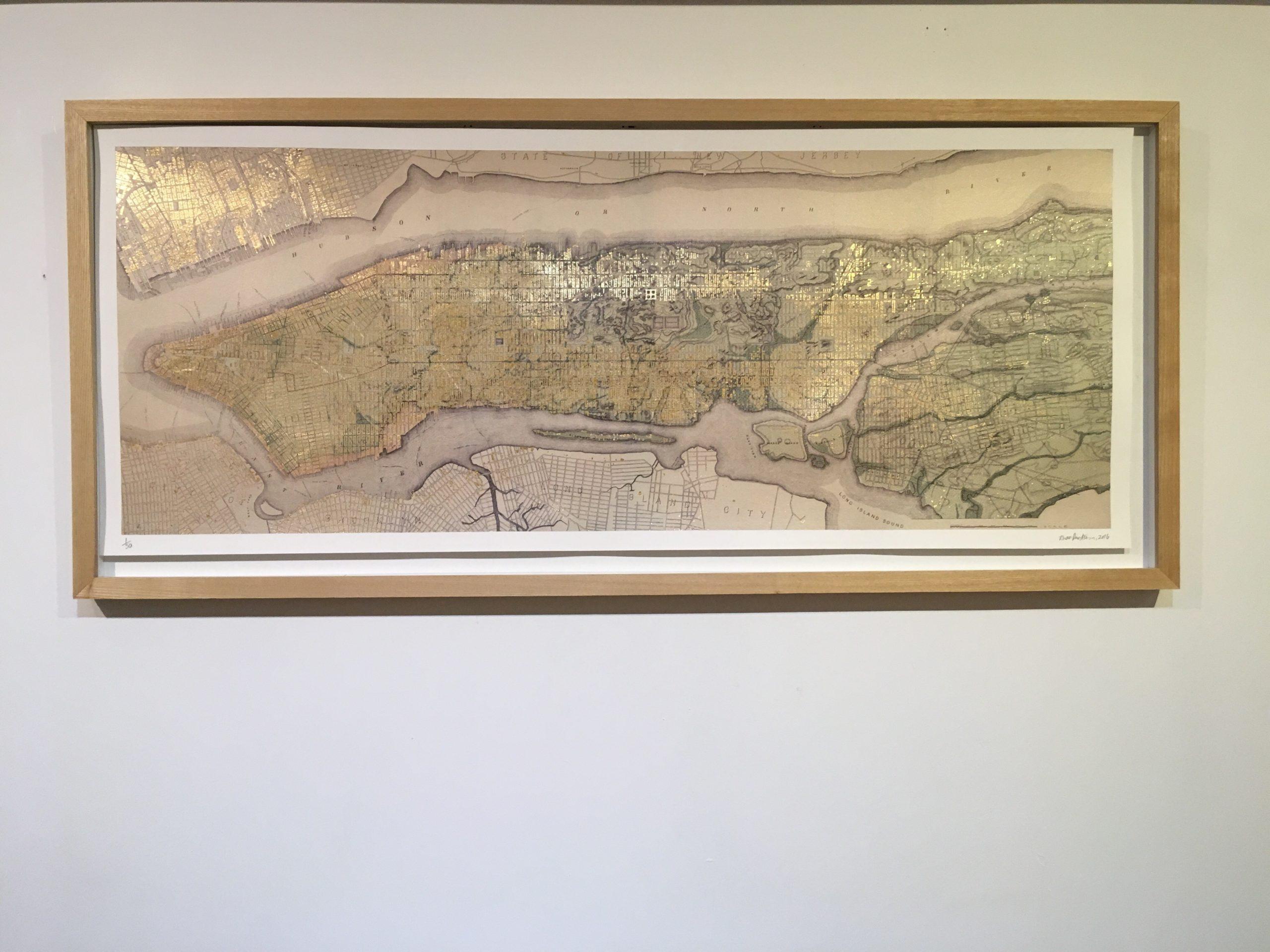 Sacred City, New York - contemporary New York Manhattan map gold leaf ink print - Print by Ewan David Eason