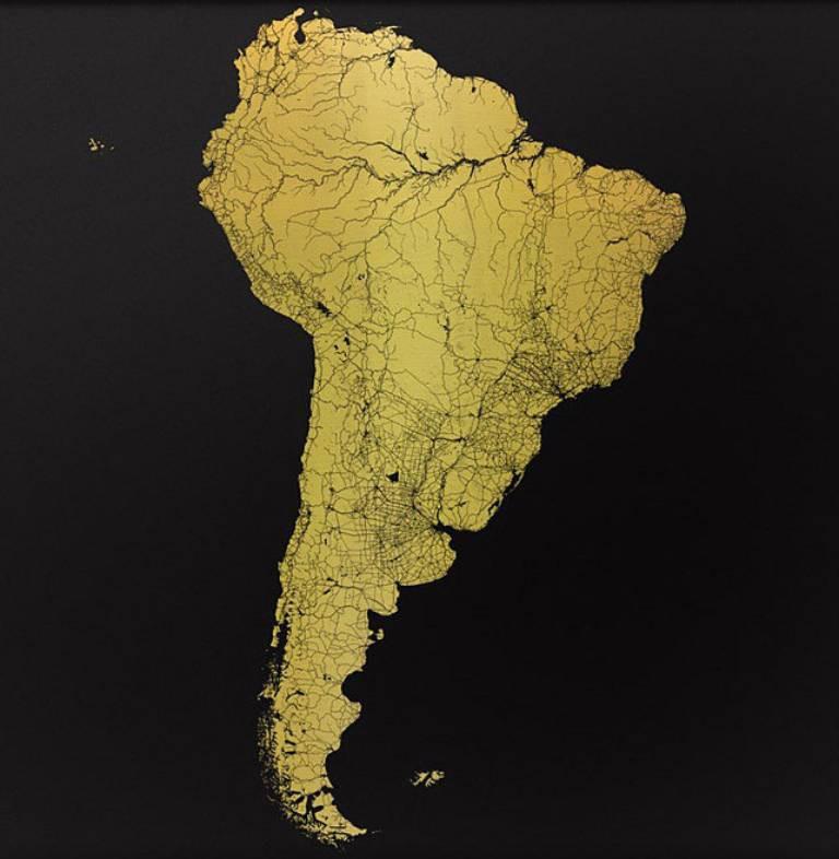 Ewan David Eason Print - Sacred Continent South America - contemporary gold map black paper print