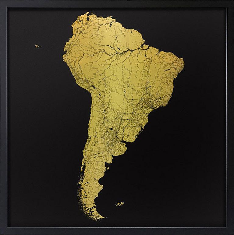 Sacred Continent South America - contemporary gold map black paper print - Print by Ewan David Eason