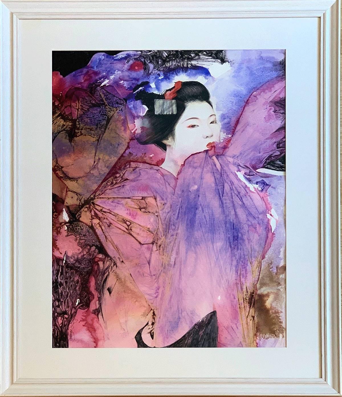 Pink Maiko - contemporary colourful Geisha ink watercolour painting paper - Painting by Stephen and Lorna Kirin