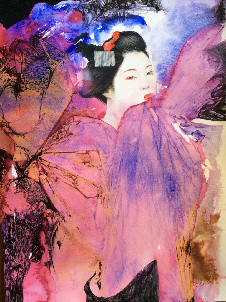 Figurative Painting Stephen and Lorna Kirin - Maiko - papier à aquarelle à l'encre rose contemporain coloré Geisha, peinture à l'aquarelle