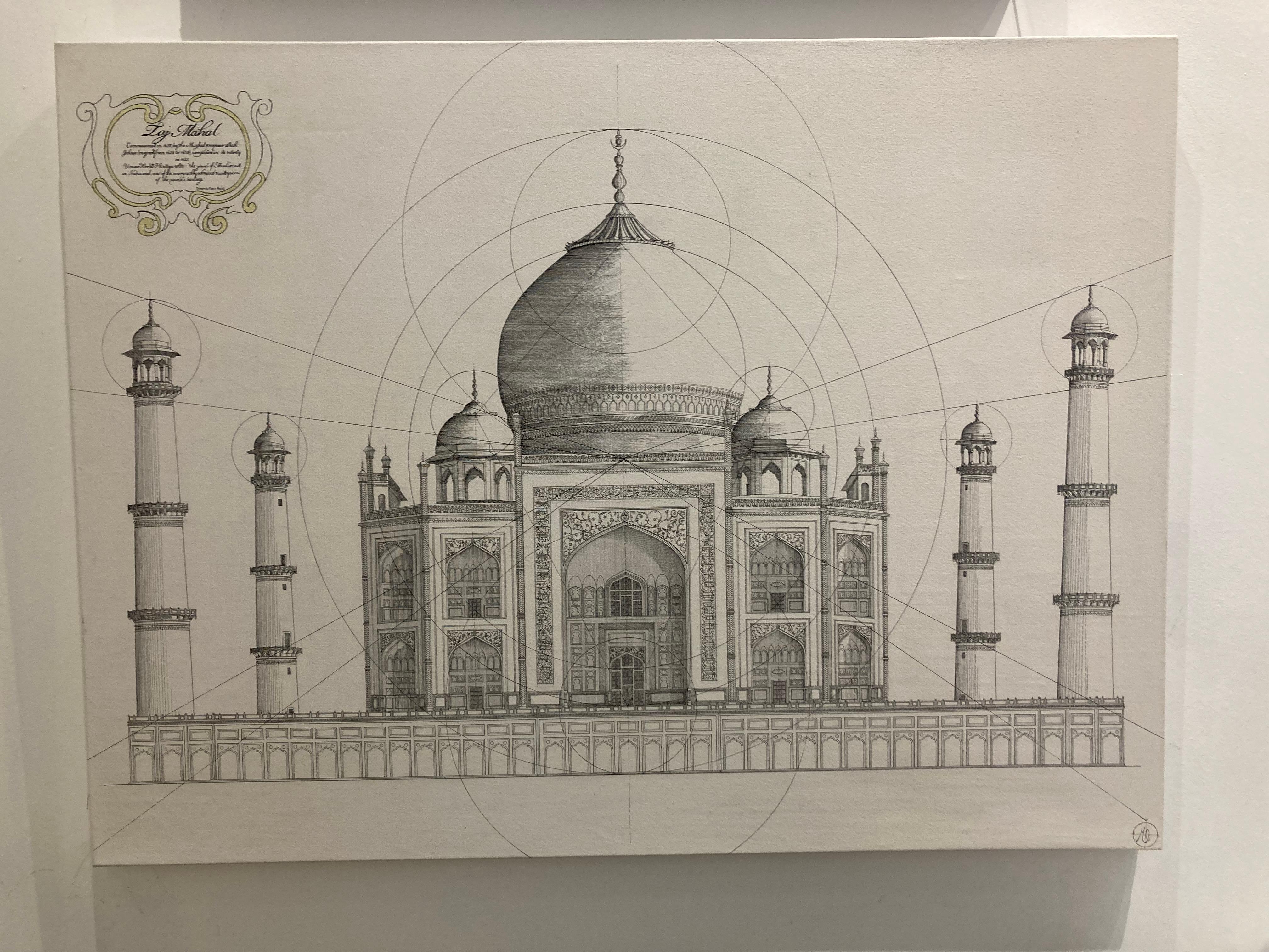 Taj Mahal - contemporary mixed media painting, architecture historic drawing - Painting by Marco Araldi