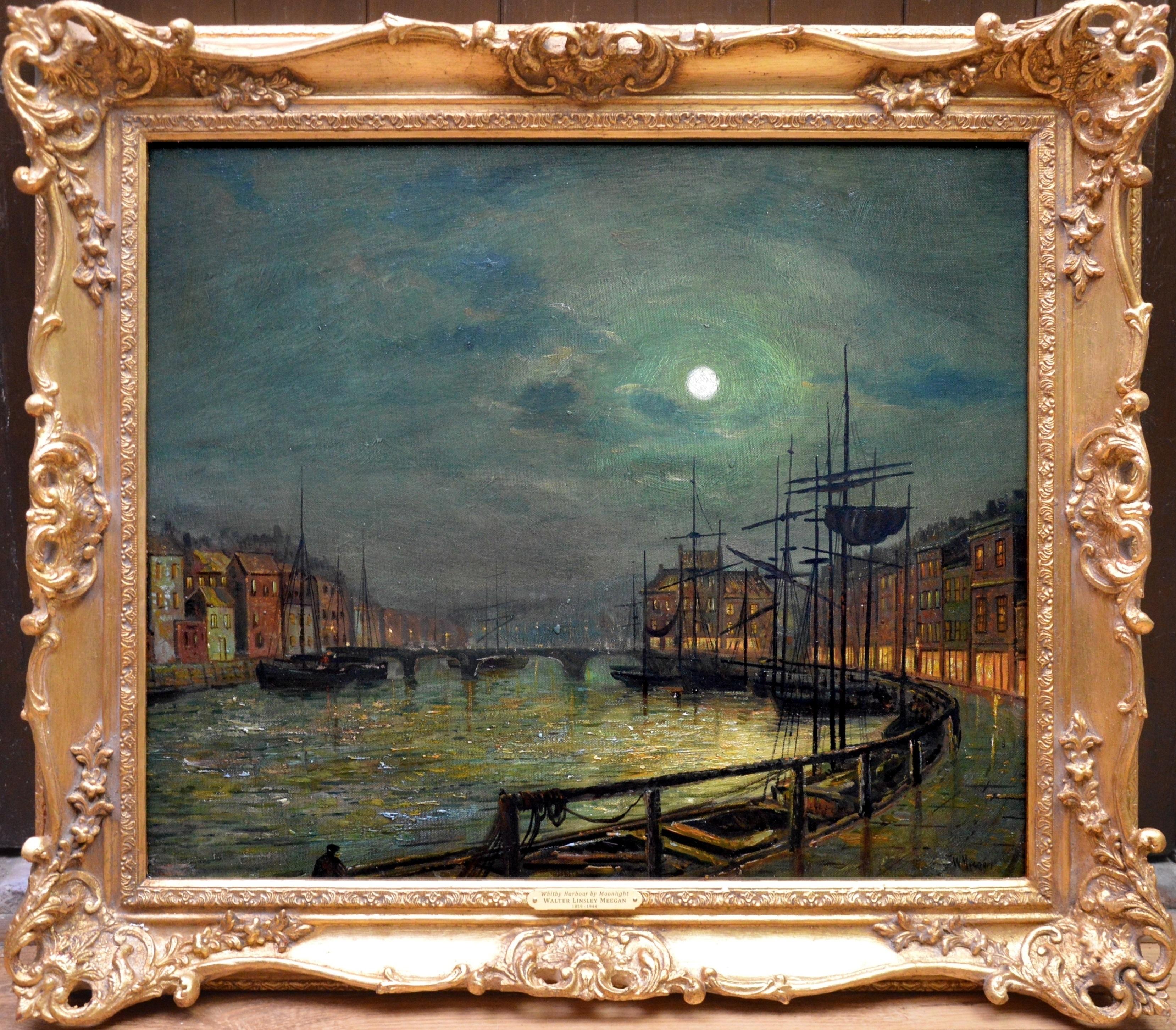 Walter Linsley Meegan Landscape Painting - Whitby Harbour by Moonlight - 19th Century Oil Painting pupil Atkinson Grimshaw