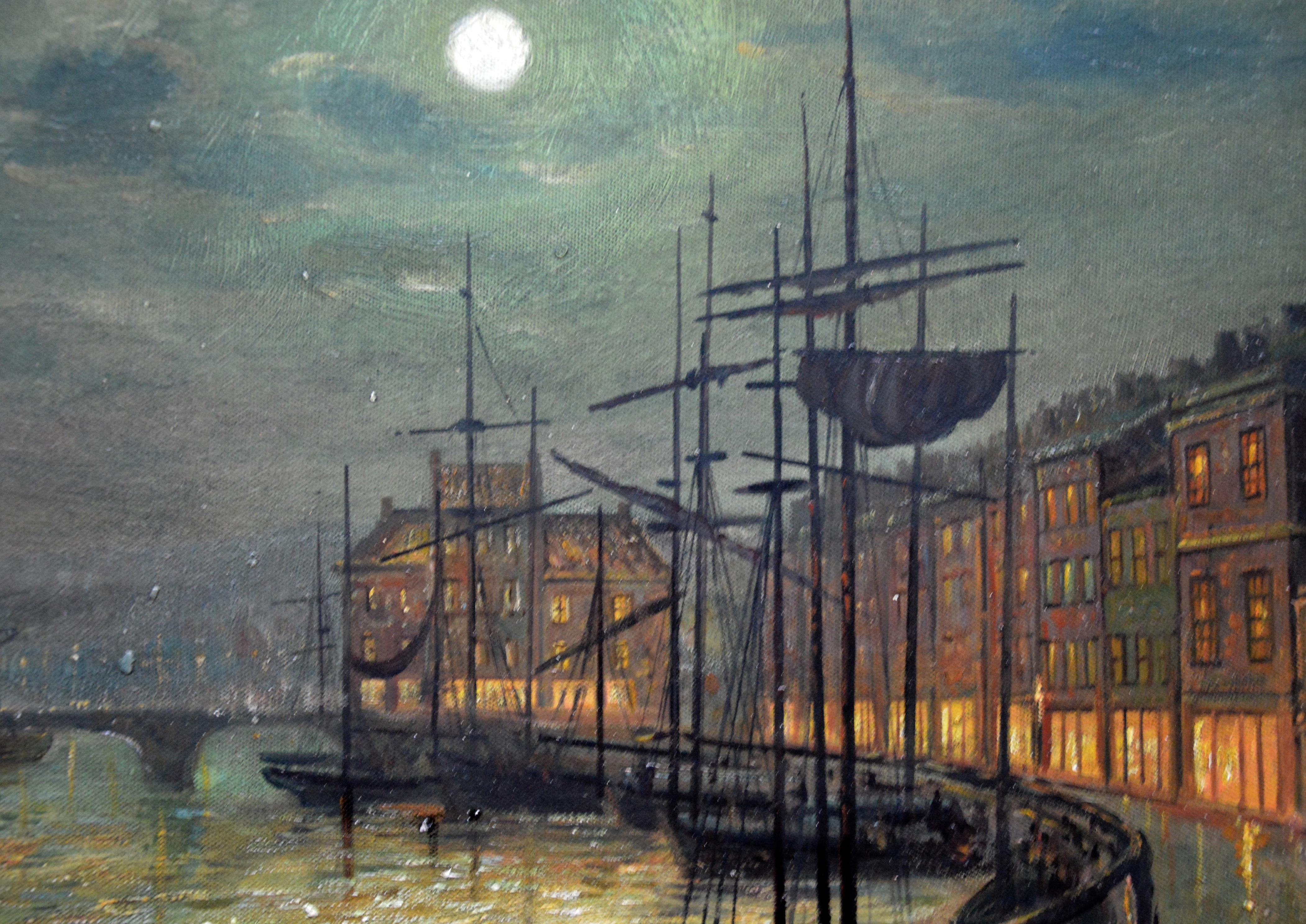 Whitby Harbour by Moonlight - 19th Century Oil Painting pupil Atkinson Grimshaw 1