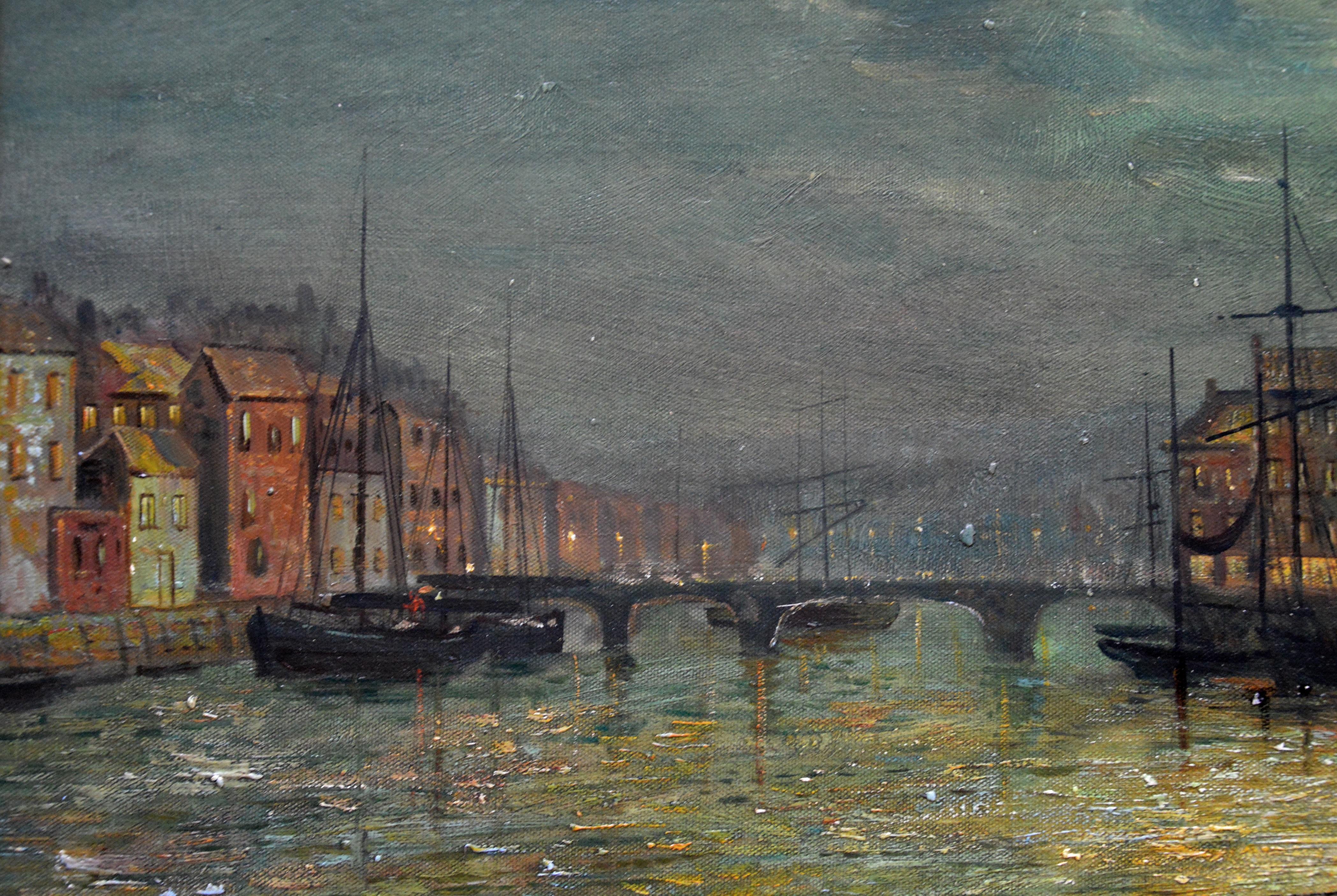 Whitby Harbour by Moonlight - 19th Century Oil Painting pupil Atkinson Grimshaw - Black Landscape Painting by Walter Linsley Meegan