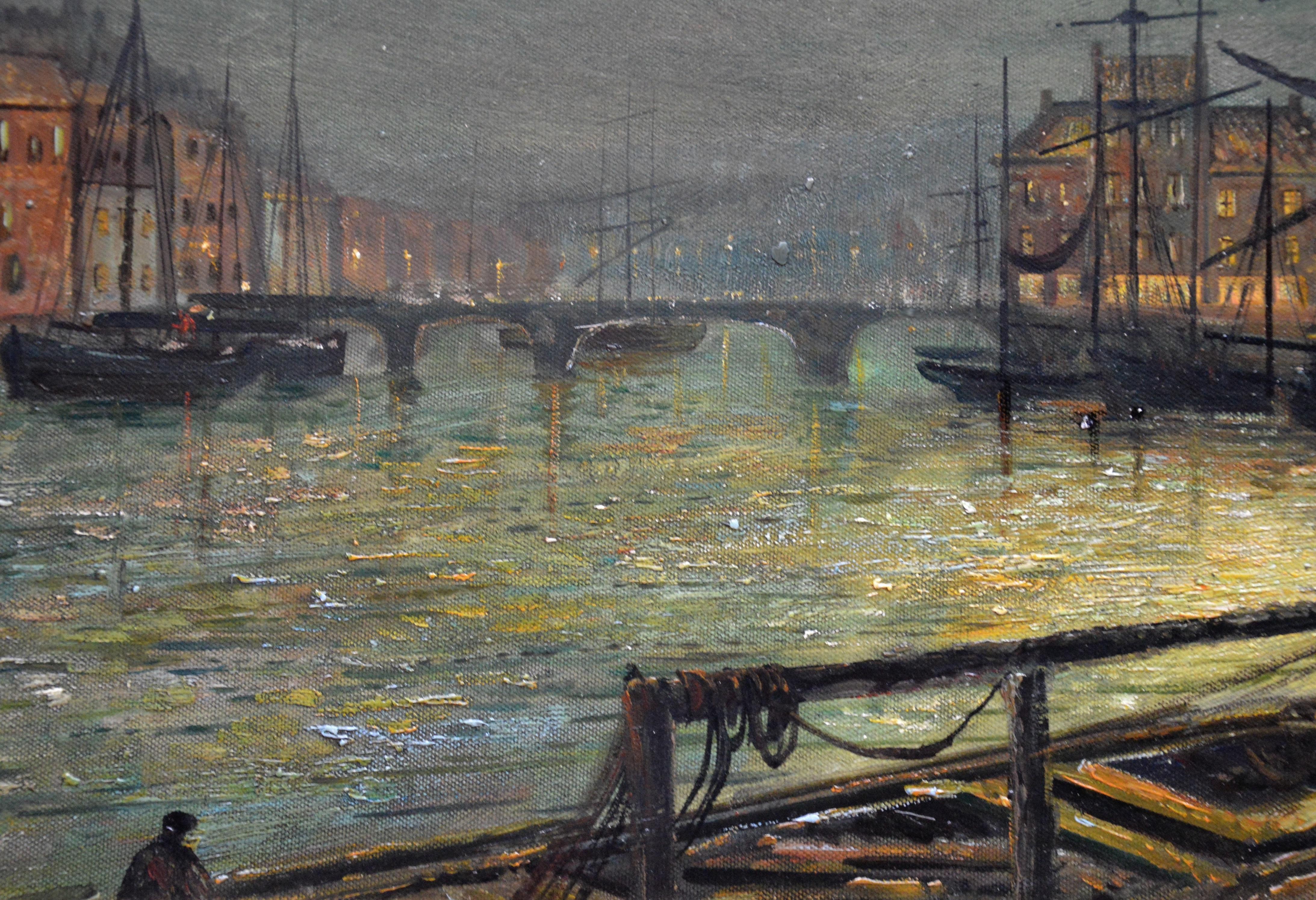 Whitby Harbour by Moonlight - 19th Century Oil Painting pupil Atkinson Grimshaw 2