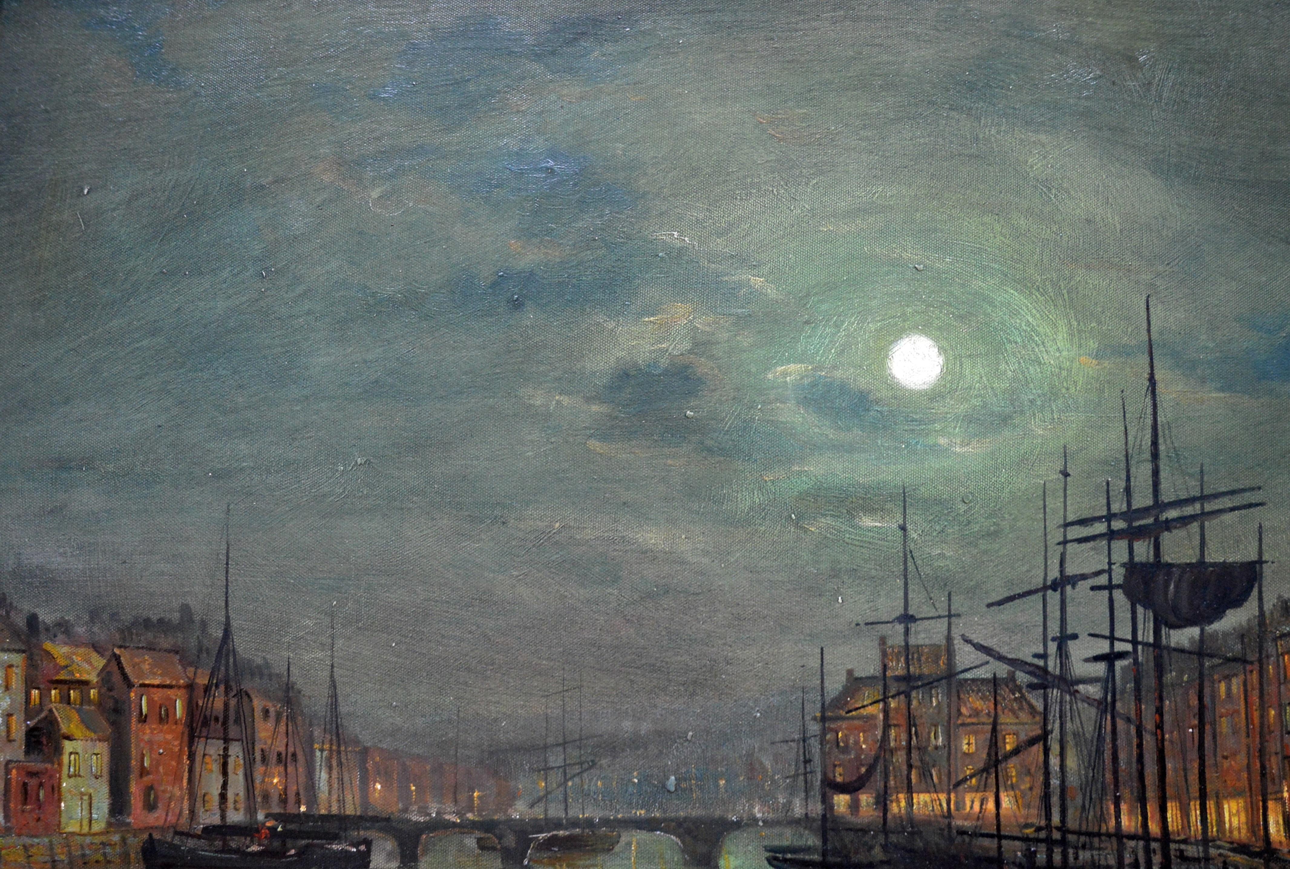 This is a fine late 19th century oil painting depicting ‘Whitby Harbour by Moonlight’ by the very popular British artist and former pupil of John Atkinson Grimshaw, Walter Linsley Meegan (1859-1944). The painting is signed by the artist and sold in