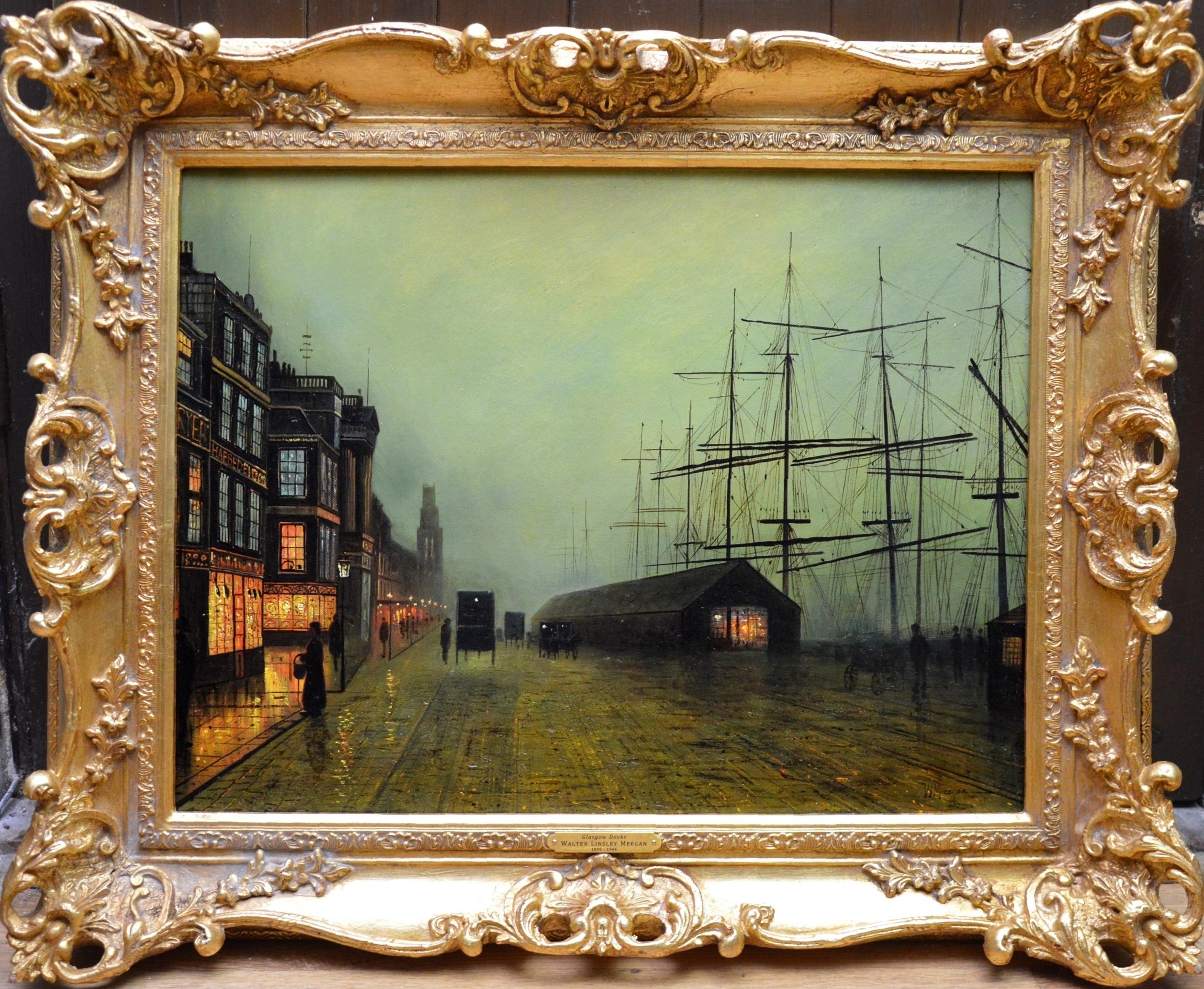 Walter Linsley Meegan Landscape Painting - Glasgow Docks - Moonlight Nocturne Landscape - Pupil of Atkinson Grimshaw