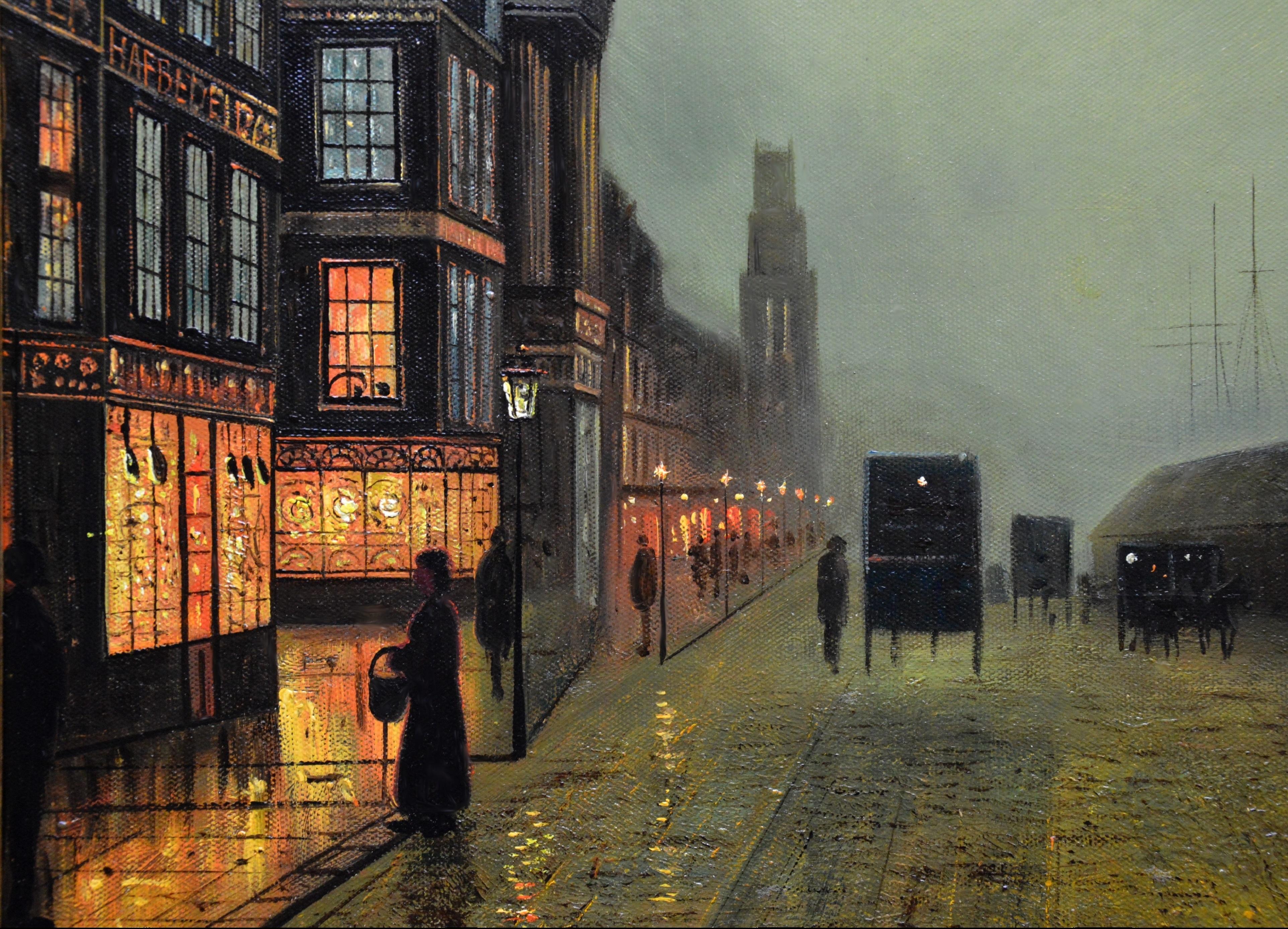 Glasgow Docks - Moonlight Nocturne Landscape - Pupil of Atkinson Grimshaw - Victorian Painting by Walter Linsley Meegan