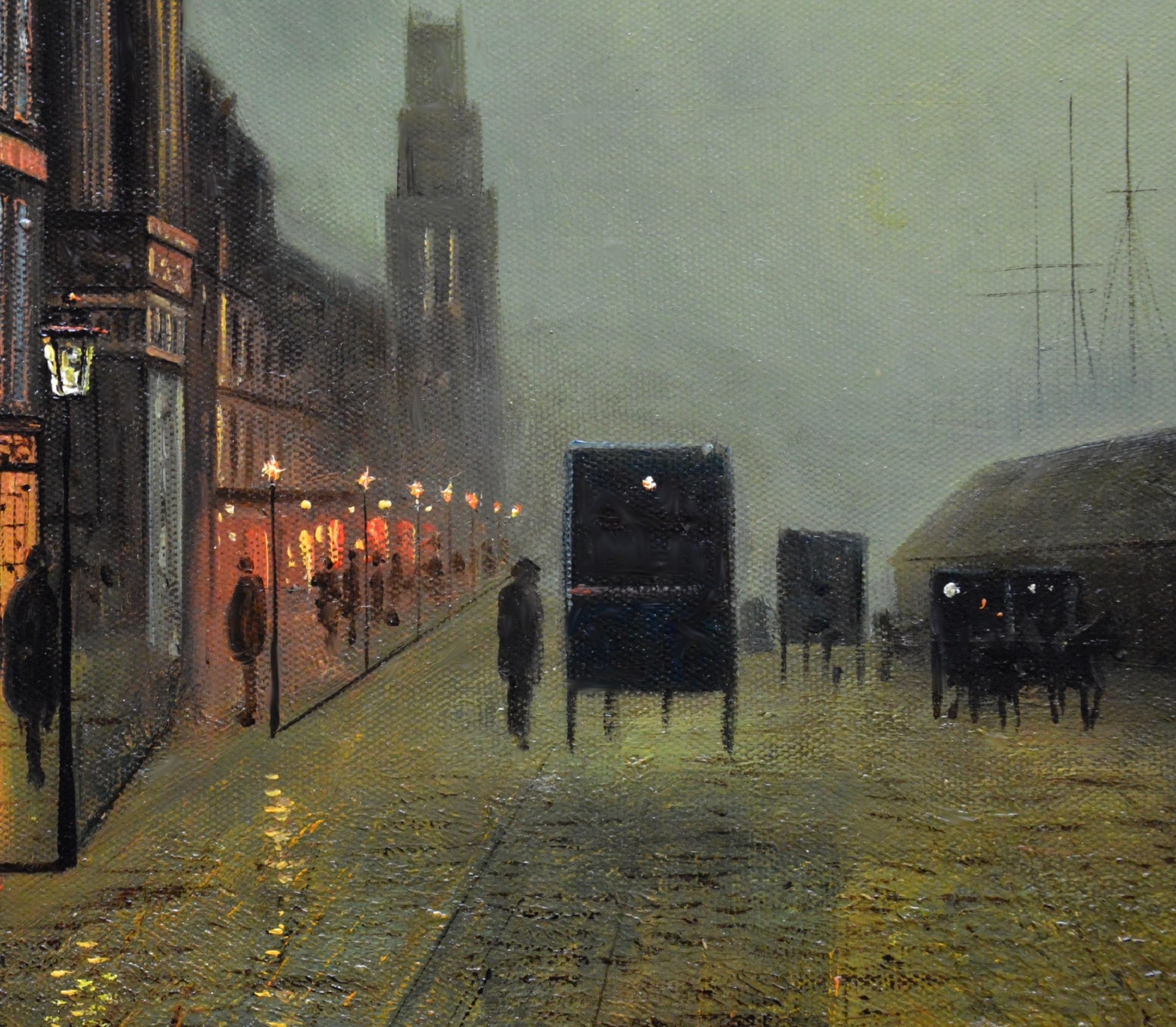 Glasgow Docks - Moonlight Nocturne Landscape - Pupil of Atkinson Grimshaw - Brown Landscape Painting by Walter Linsley Meegan