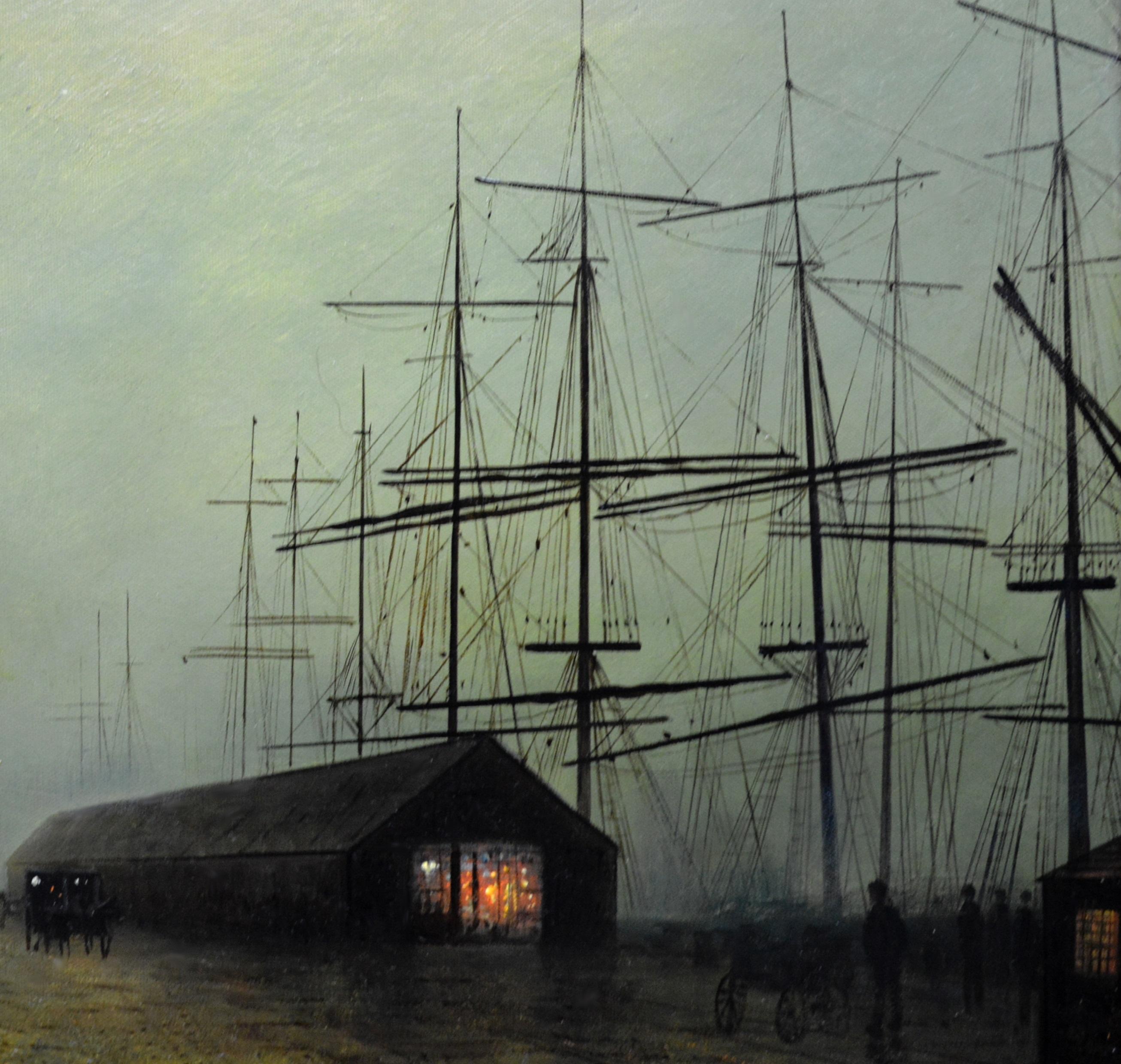 This is a fine original antique oil painting depicting a Victorian scene of ‘Glasgow Docks’ by moonlight by the very popular British artist and former pupil of John Atkinson Grimshaw, Walter Linsley Meegan (1859-1944). The painting is signed by the