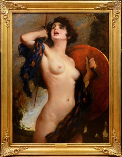 The Valkyre - Very Large 19th Century Nude Oil Painting - Female Warrior Goddess