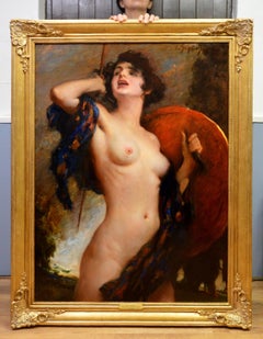 The Valkyre - Very Large 19th Century Nude Oil Painting - Female Warrior Goddess