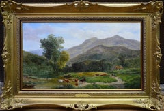19th Century Landscape Oil painting of Cattle Watering at a Stream