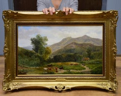 19th Century Landscape Oil painting of Cattle Watering at a Stream