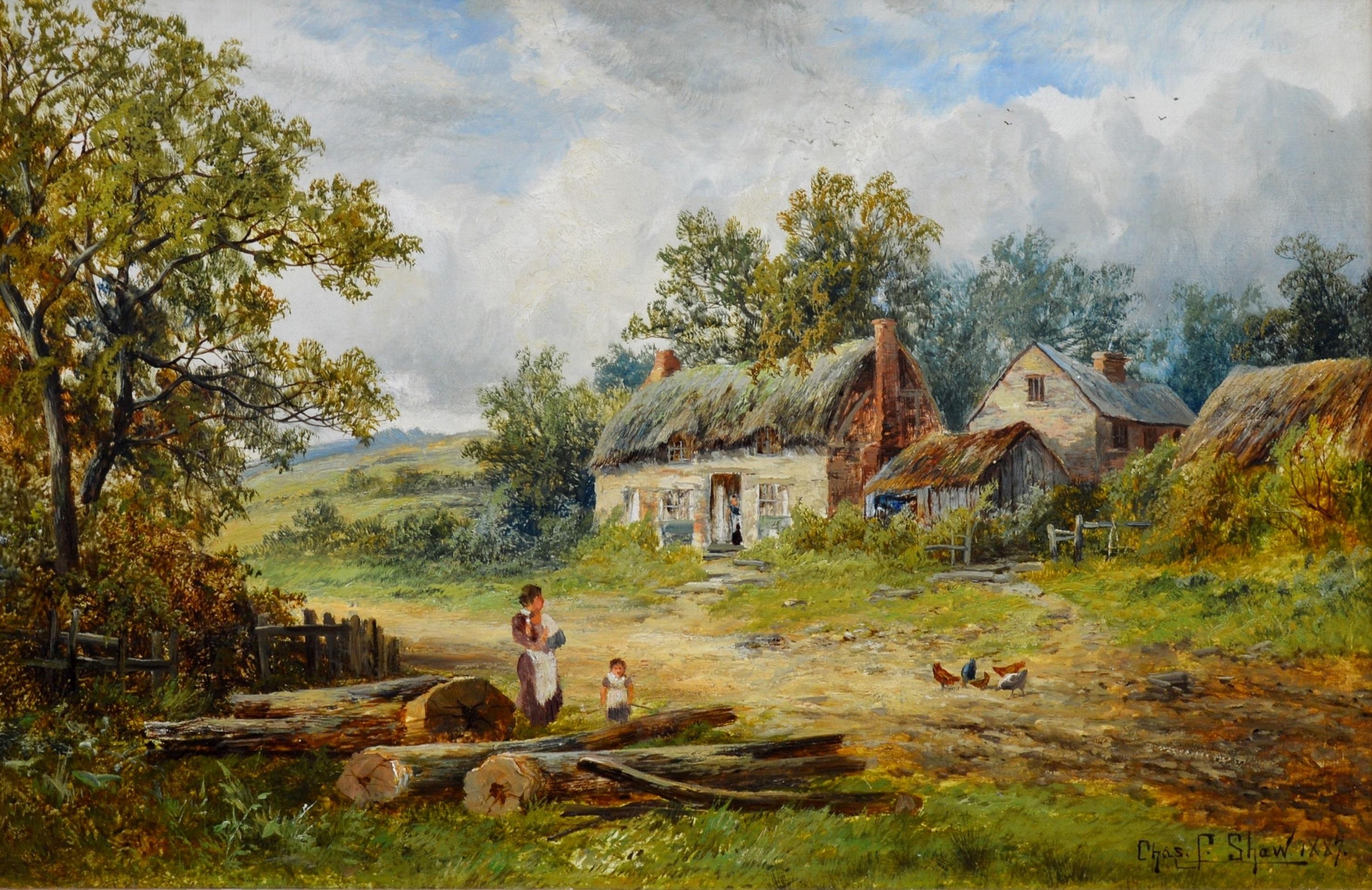 This is a large 19th century landscape oil painting depicting a young mother and child outside a thatched cottage on ‘A Summer Afternoon’ by the listed British landscape painter Charles Leaver Shaw (1853-1932). The painting is signed by the artist