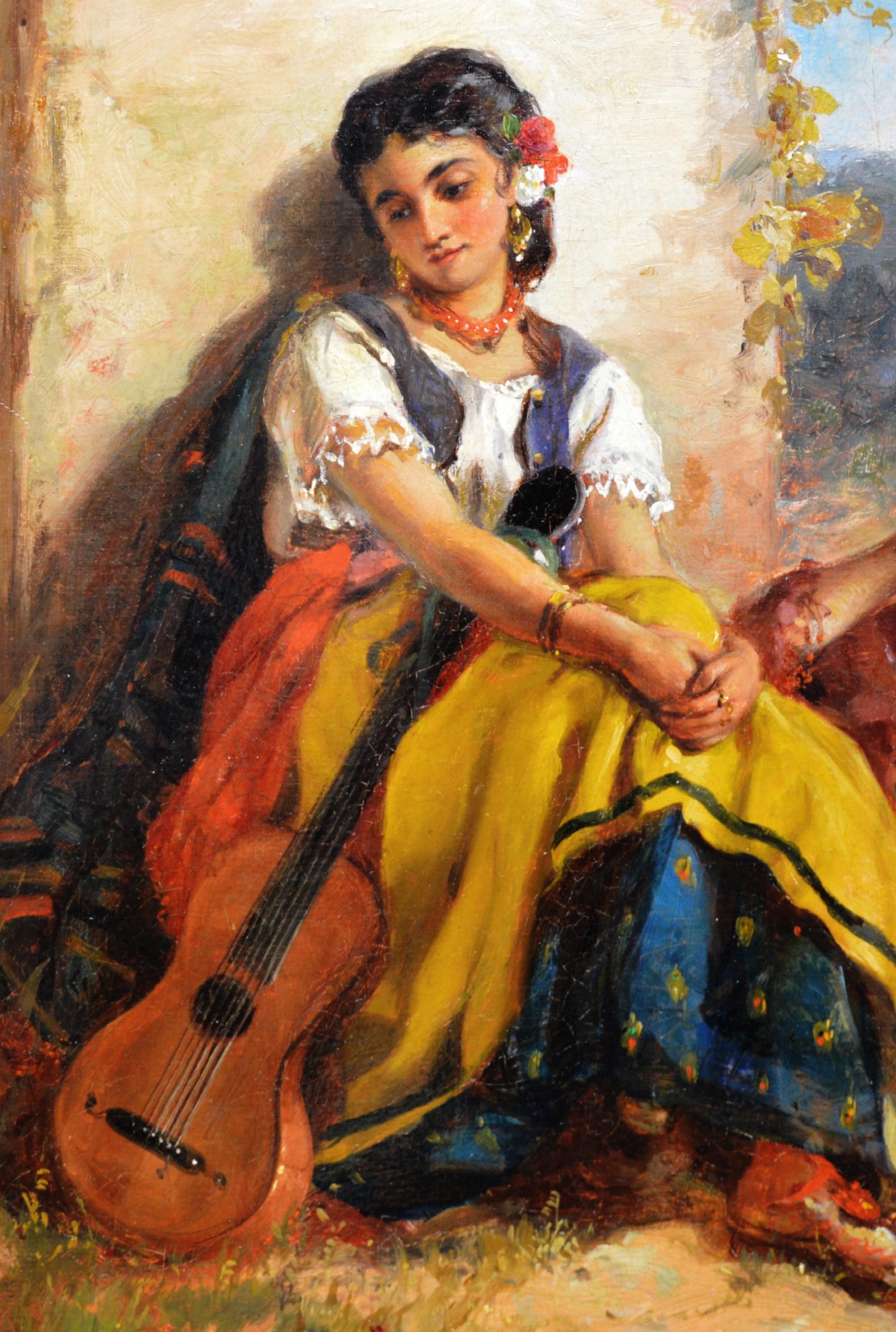 Chicas Gitanas - 19th Century Orientalist Oil Painting Beautiful Spanish Girls - Brown Figurative Painting by Thomas Kent Pelham