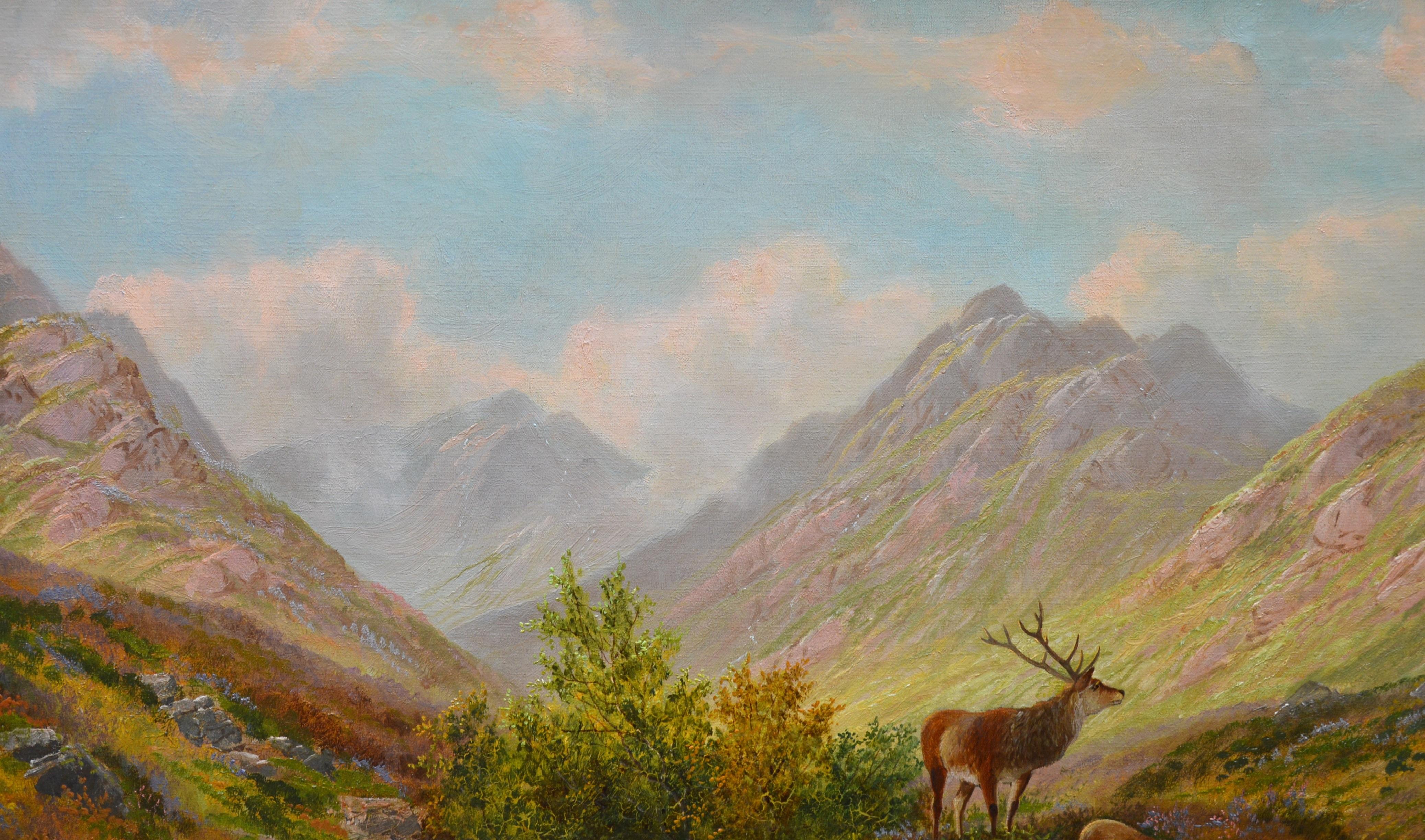 This is a large fine 19th century oil on canvas depicting a pair of red deer – and a stag and hind – grazing in a Scottish glen on a summer’s day by the listed Victorian landscape artist Thomas Seymour (1844-1904). ‘Glen Sannox, Isle of Arran’ is