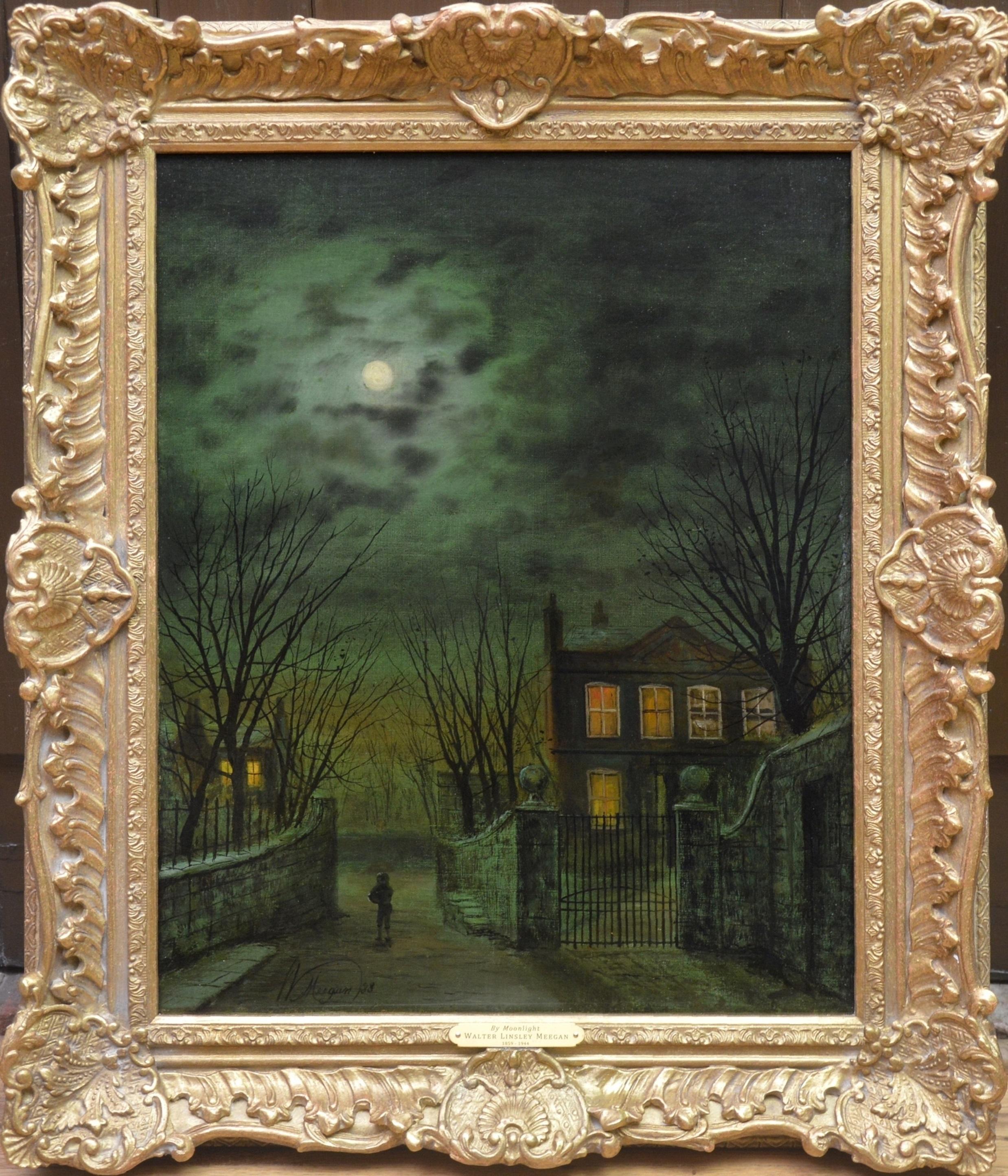Walter Linsley Meegan Landscape Painting - By Moonlight - 19th Century Oil Painting of Victorian Street - Atkinson Grimshaw
