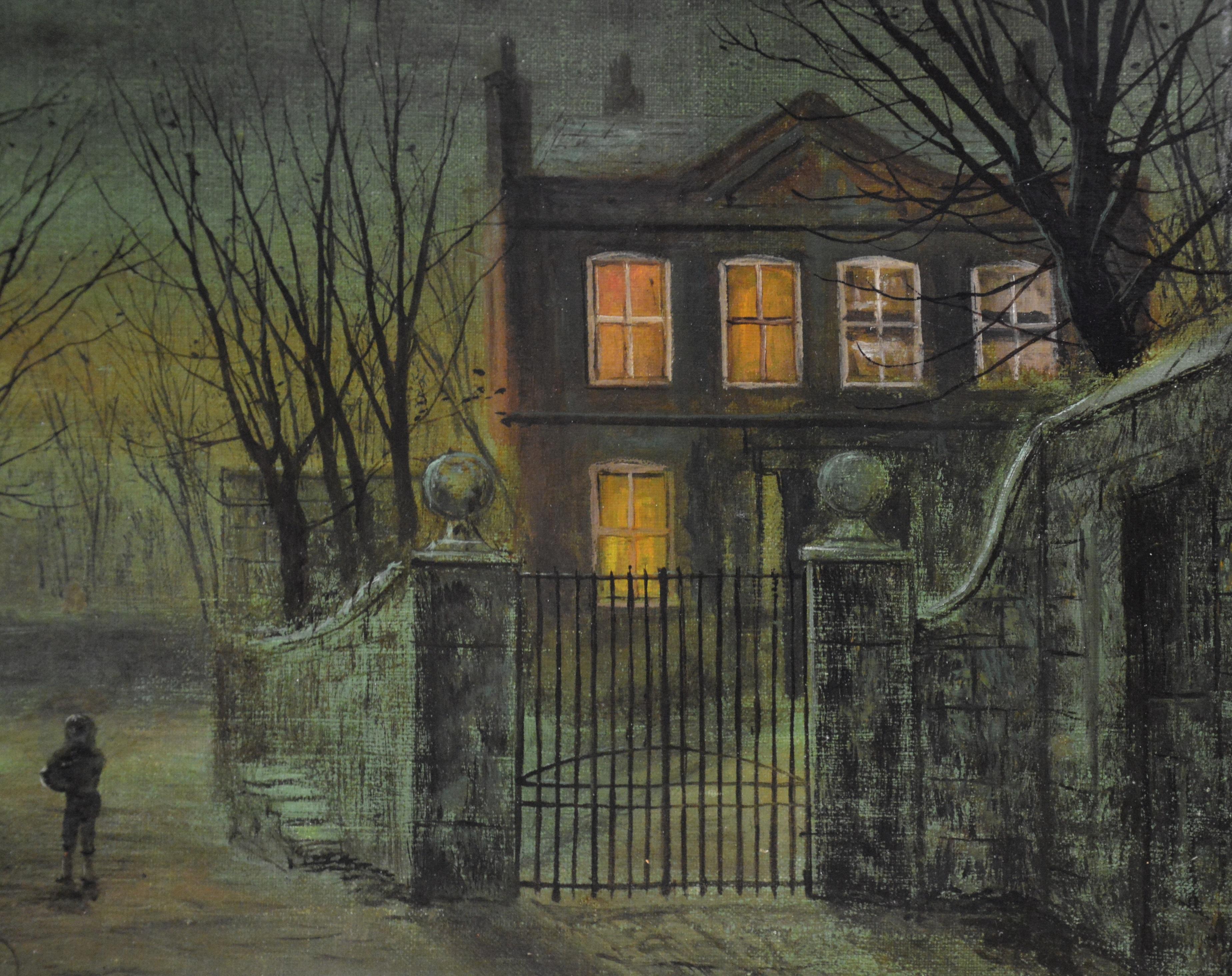 This is a fine 19th century landscape oil on canvas depicting a young Victorian delivery boy walking through the gates of a large house ‘By Moonlight’ by the very popular British artist and former pupil of John Atkinson Grimshaw, Walter Linsley