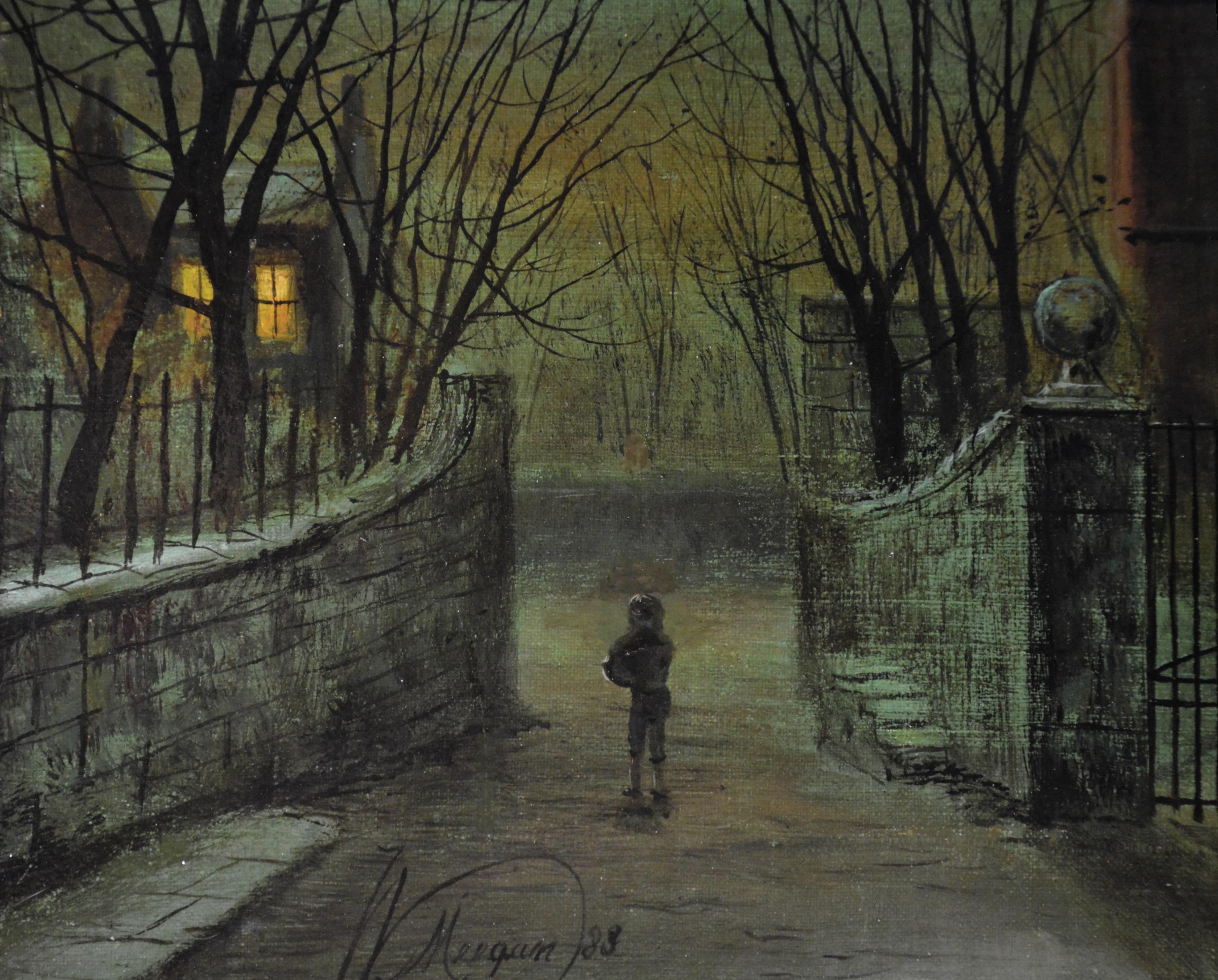 By Moonlight - 19th Century Oil Painting of Victorian Street - Atkinson Grimshaw - Black Landscape Painting by Walter Linsley Meegan