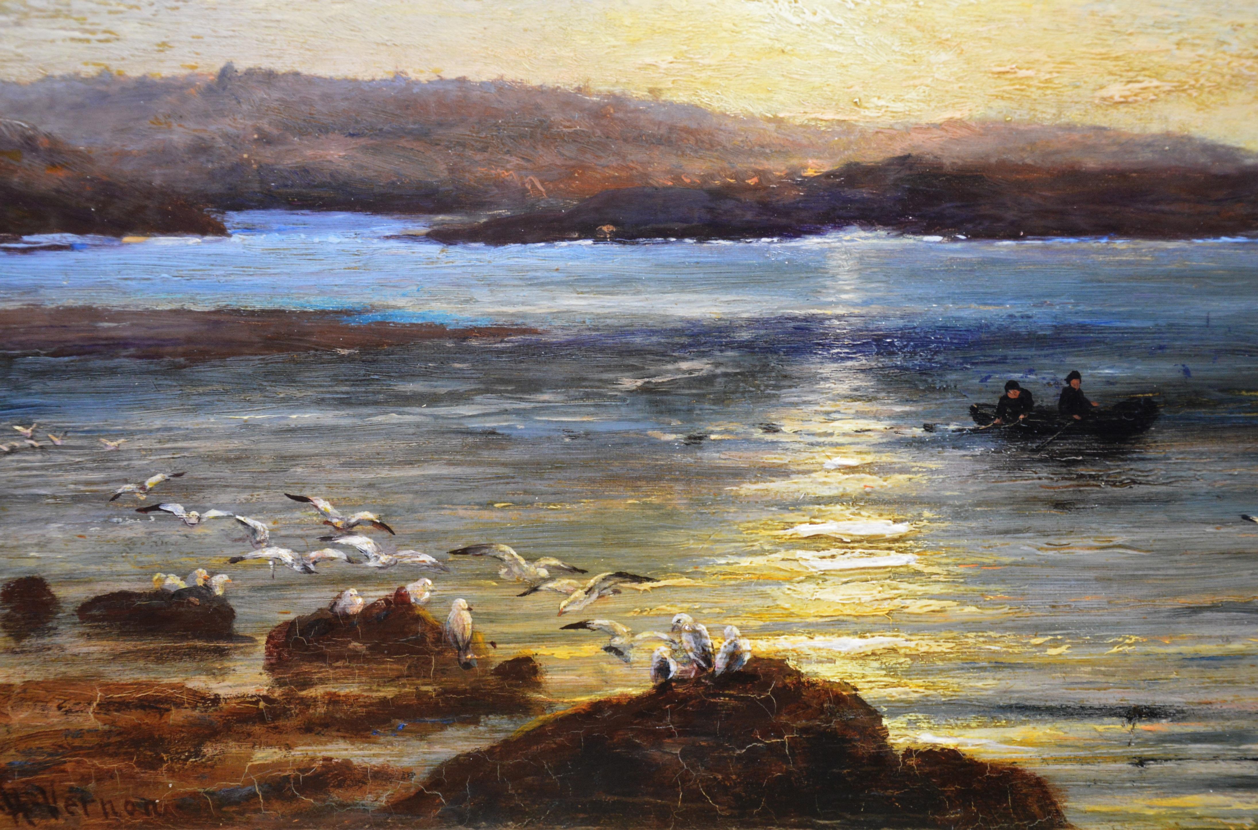 Sunset, Caernarfon Bay - 19th Century Oil Painting North Wales Coastal Landscape - Brown Landscape Painting by Unknown