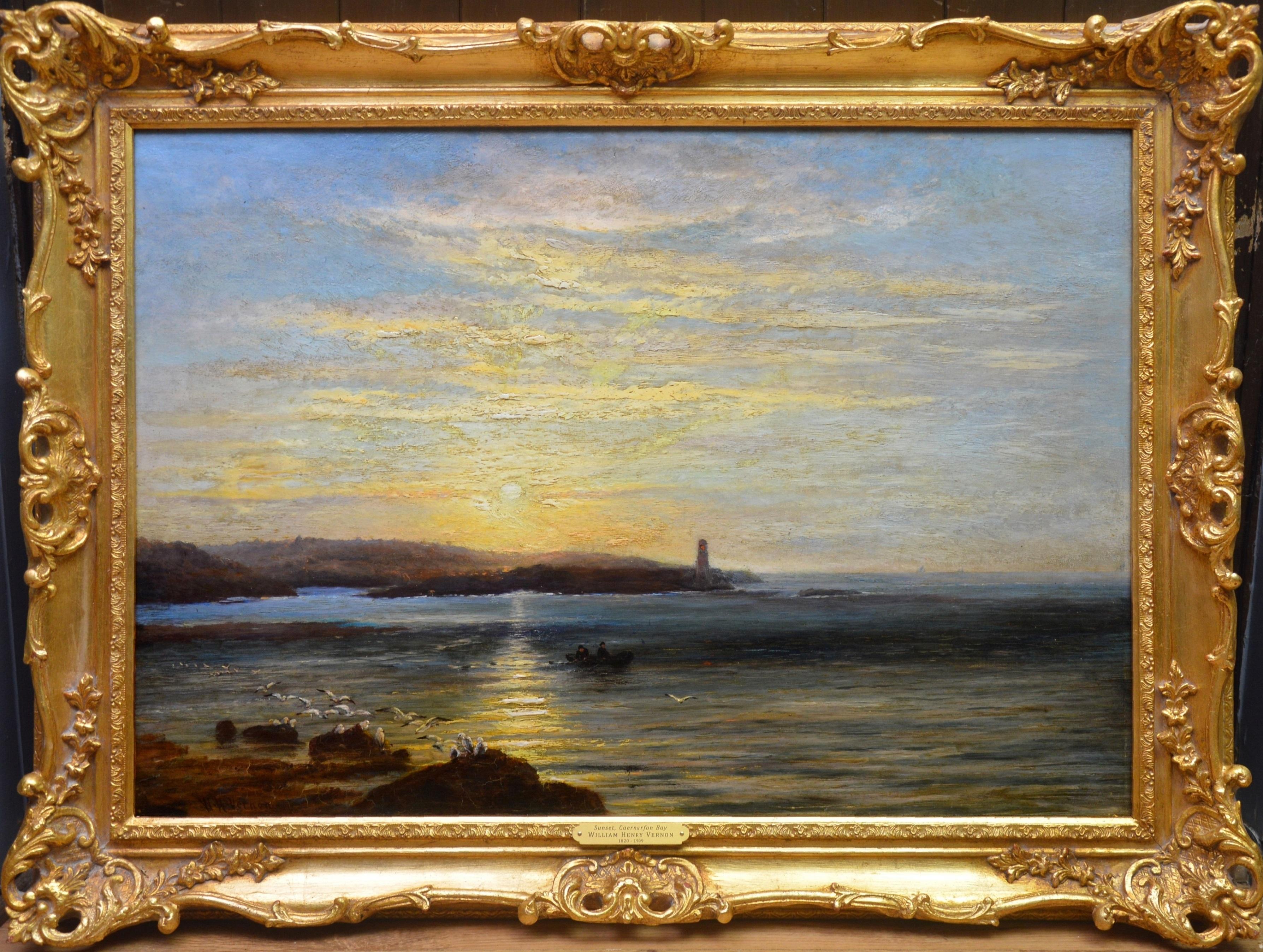 Unknown Landscape Painting - Sunset, Caernarfon Bay - 19th Century Oil Painting North Wales Coastal Landscape