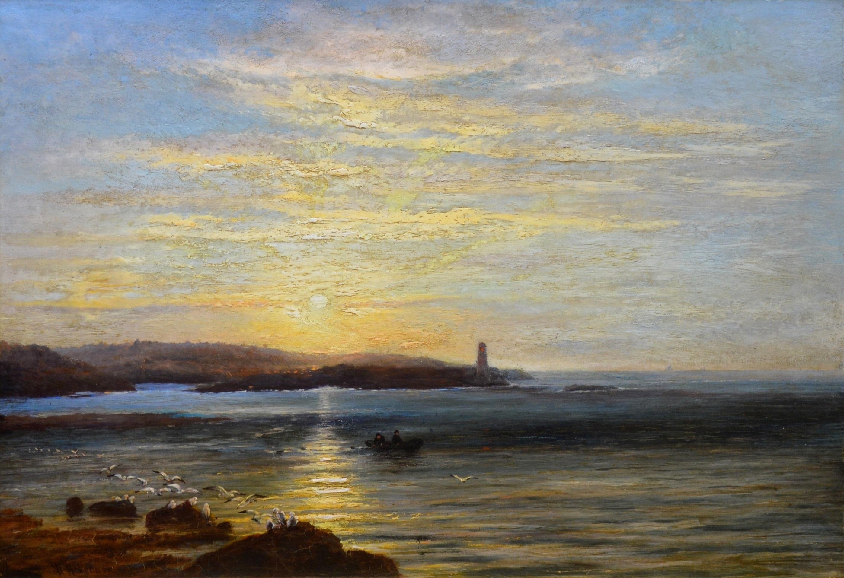 This is a large fine 19th century oil on canvas depicting a spectacular sunset over Caernarfon Bay in North West Wales by the listed Victorian landscape painter William Henry Vernon (1820-1909). ‘Sunset, Caernarfon Bay’ is signed by the artist and