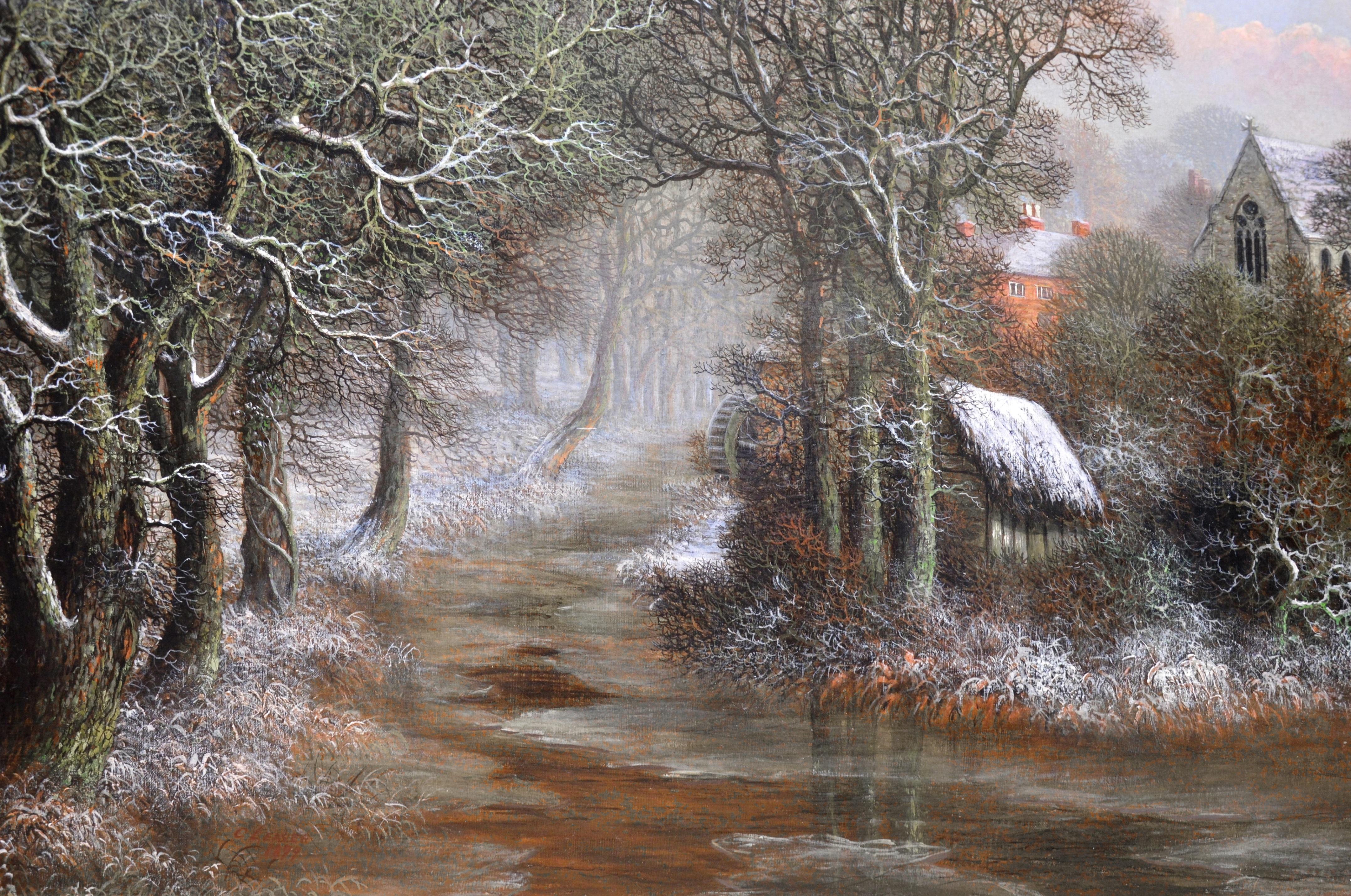 This is a very large fine 19th century landscape oil on canvas depicting an extensive snow-covered winter woodland scene in the village of Ringwood in Hampshire by the very popular Victorian painter Charles Leaver (1824-1888). The painting is signed