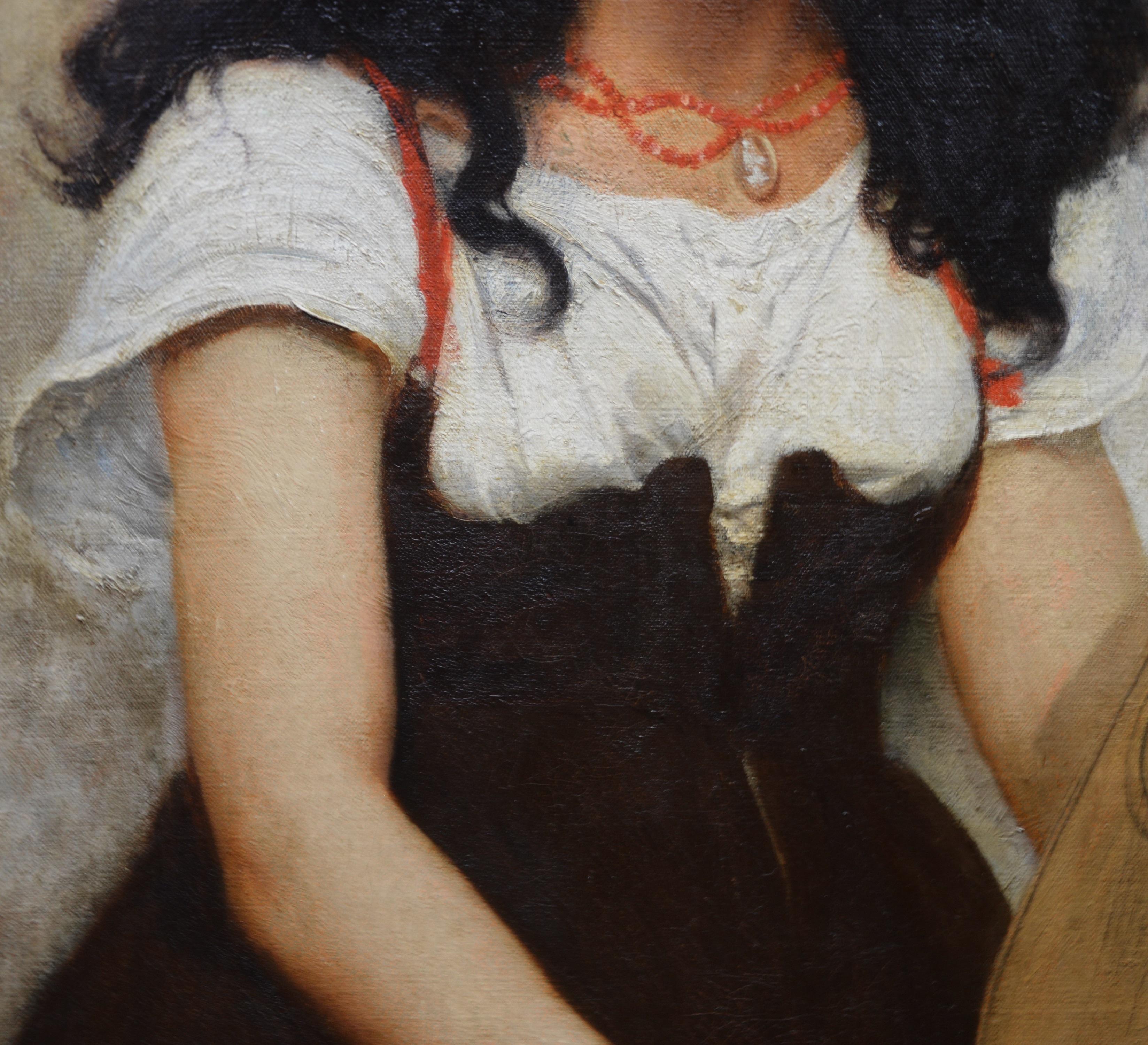 Si tratta di un olio su tela della Belle Epoque francese del XIX secolo di grandi dimensioni che raffigura una ragazza che tiene in mano un mandolino, opera dell'eminente pittore parigino Édouard Vimont (1846-1930). La Jeune Musicienne