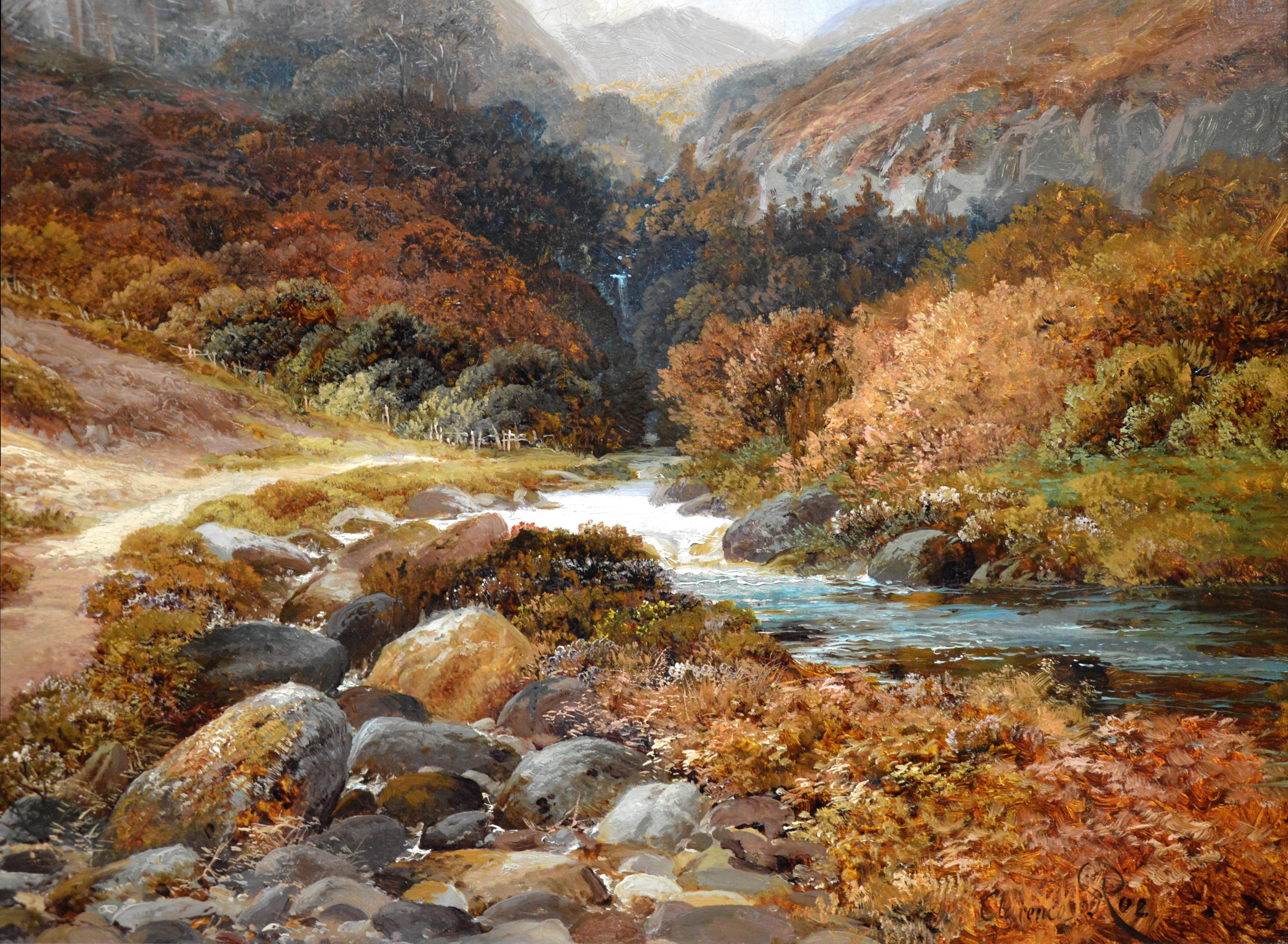 This is a very large fine 19th century oil on canvas depicting a magnificent view of ‘Steall Falls and the Nevis Gorge’ near Fort William in the Scottish Highlands by the renowned Victorian landscape painter Clarence Henry Roe (1850-1909). The