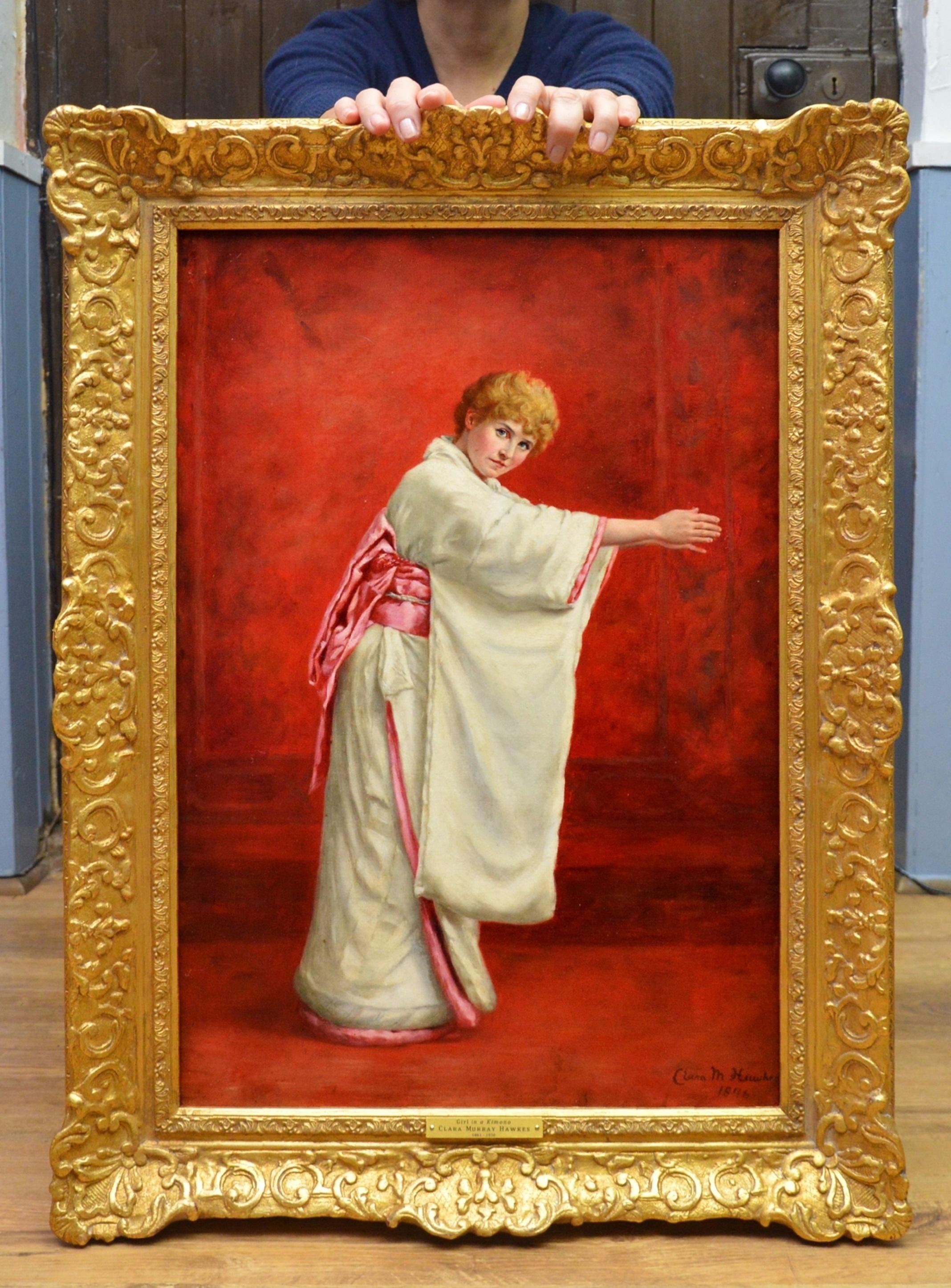 Girl in a Kimono - 19th Century Portrait of Red Haired Beauty - Painting by Clara Murray Hawkes