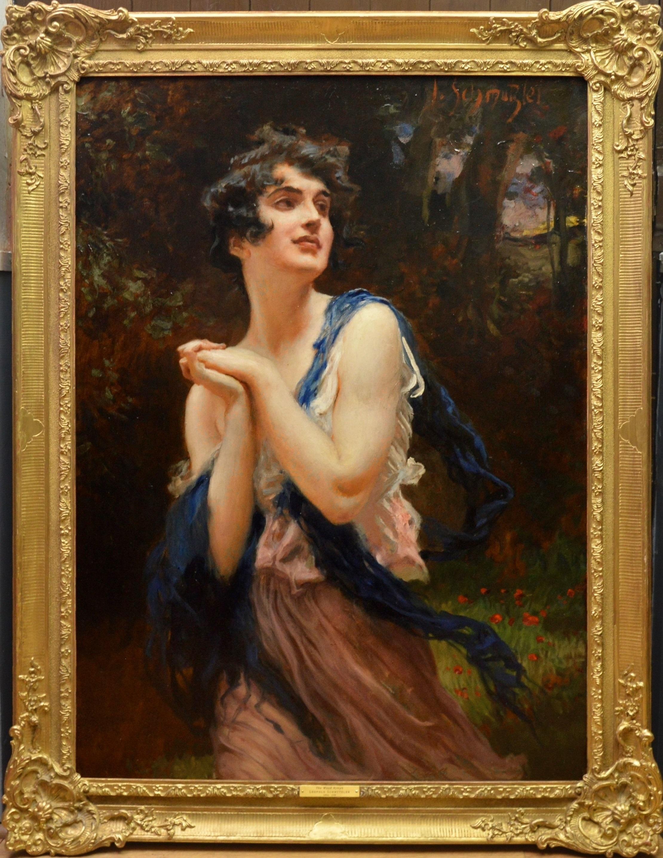 Leopold Schmutzler Figurative Painting - The Wood Nymph - Early 20th Century Portrait Oil Painting of Beautiful Brunette