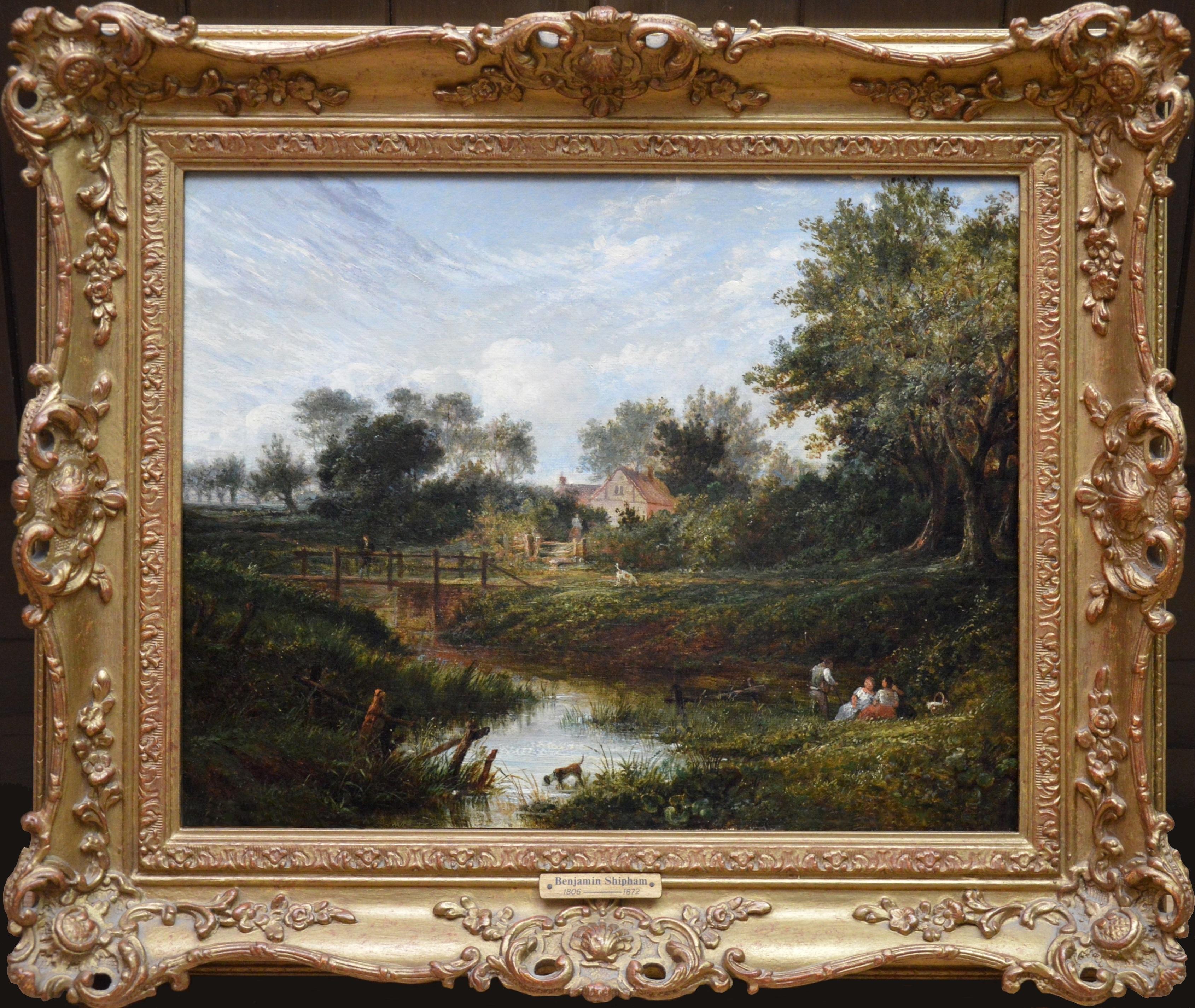 Benjamin Shipham Figurative Painting - 19th Century English Summer Landscape with Figures by a Stream