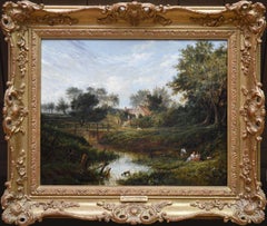 19th Century English Summer Landscape with Figures by a Stream