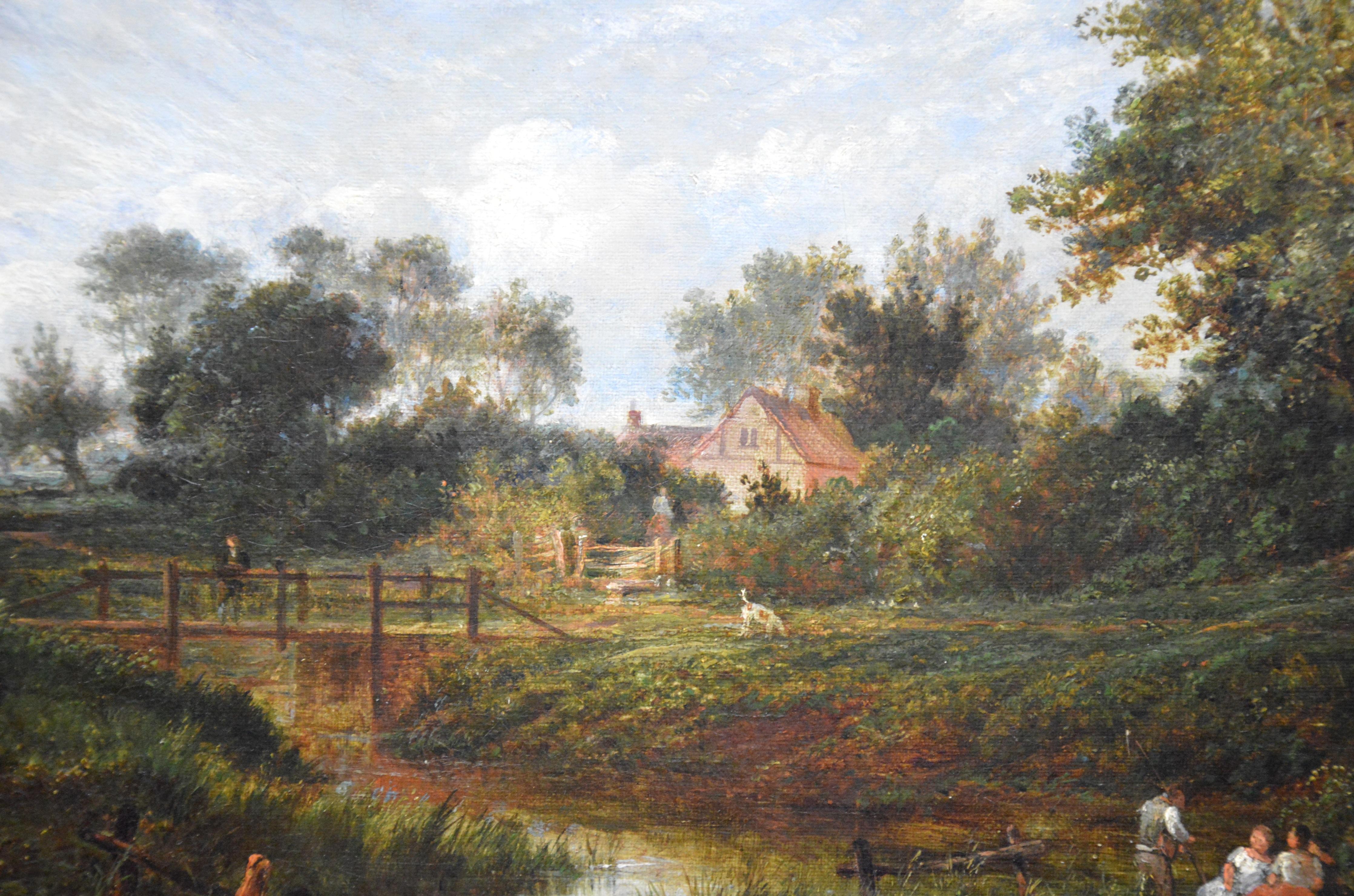 19th Century English Summer Landscape with Figures by a Stream - Brown Figurative Painting by Benjamin Shipham