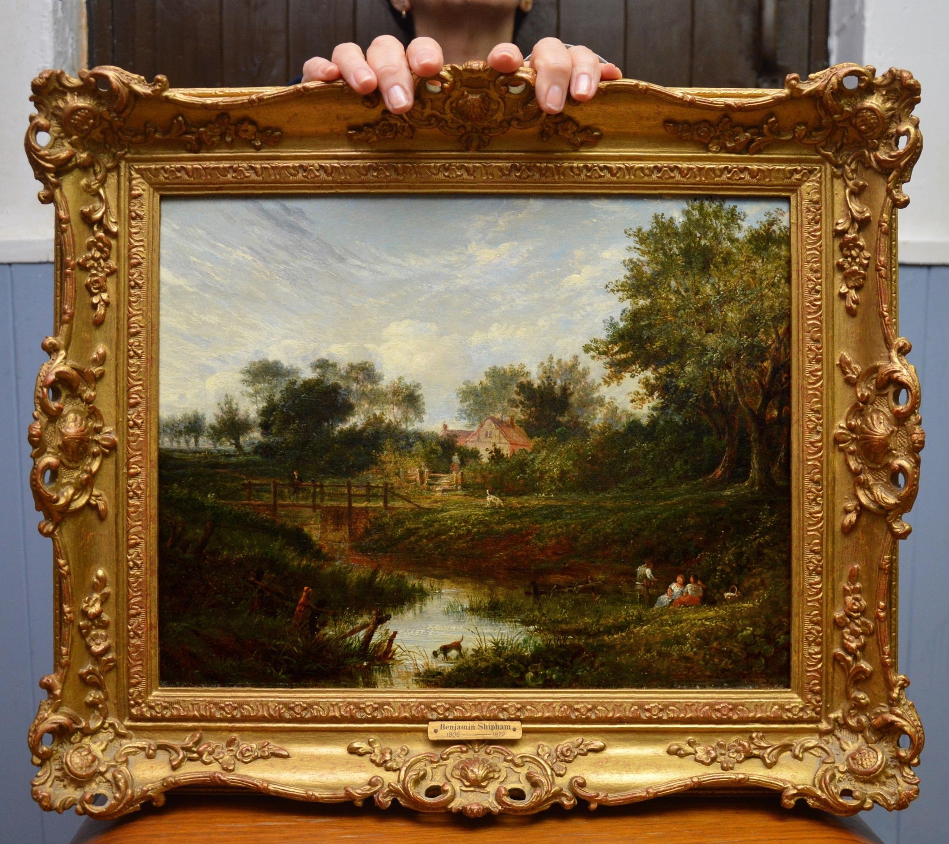 19th Century English Summer Landscape with Figures by a Stream - Painting by Benjamin Shipham