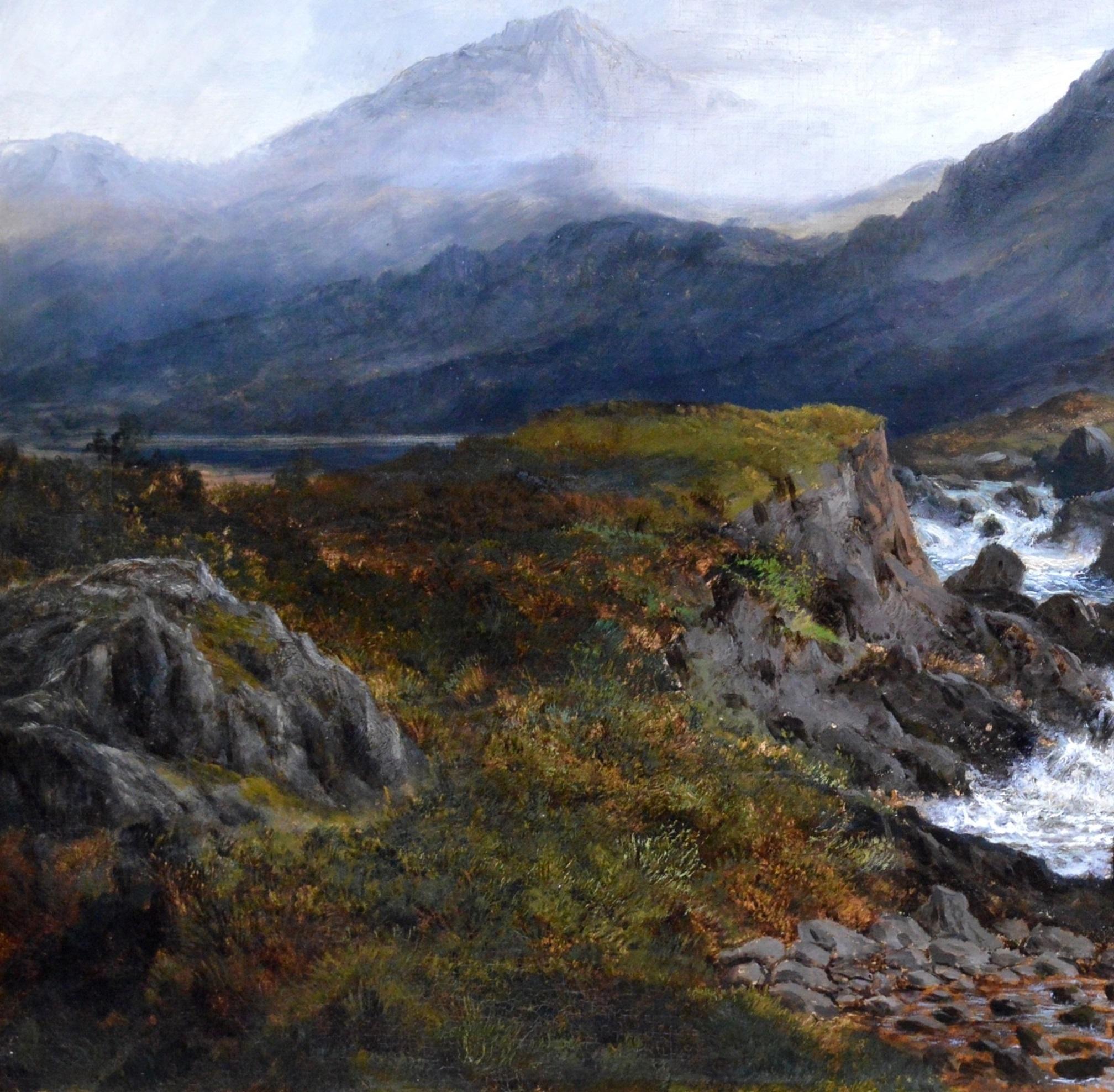 A very large 19th century landscape oil on canvas depicting stormy weather ‘On the Mountains above Ffestiniog, North Wales’ by the listed Victorian landscape painter Henry William Henley (1865-1930). The painting is signed by the artist and hangs in