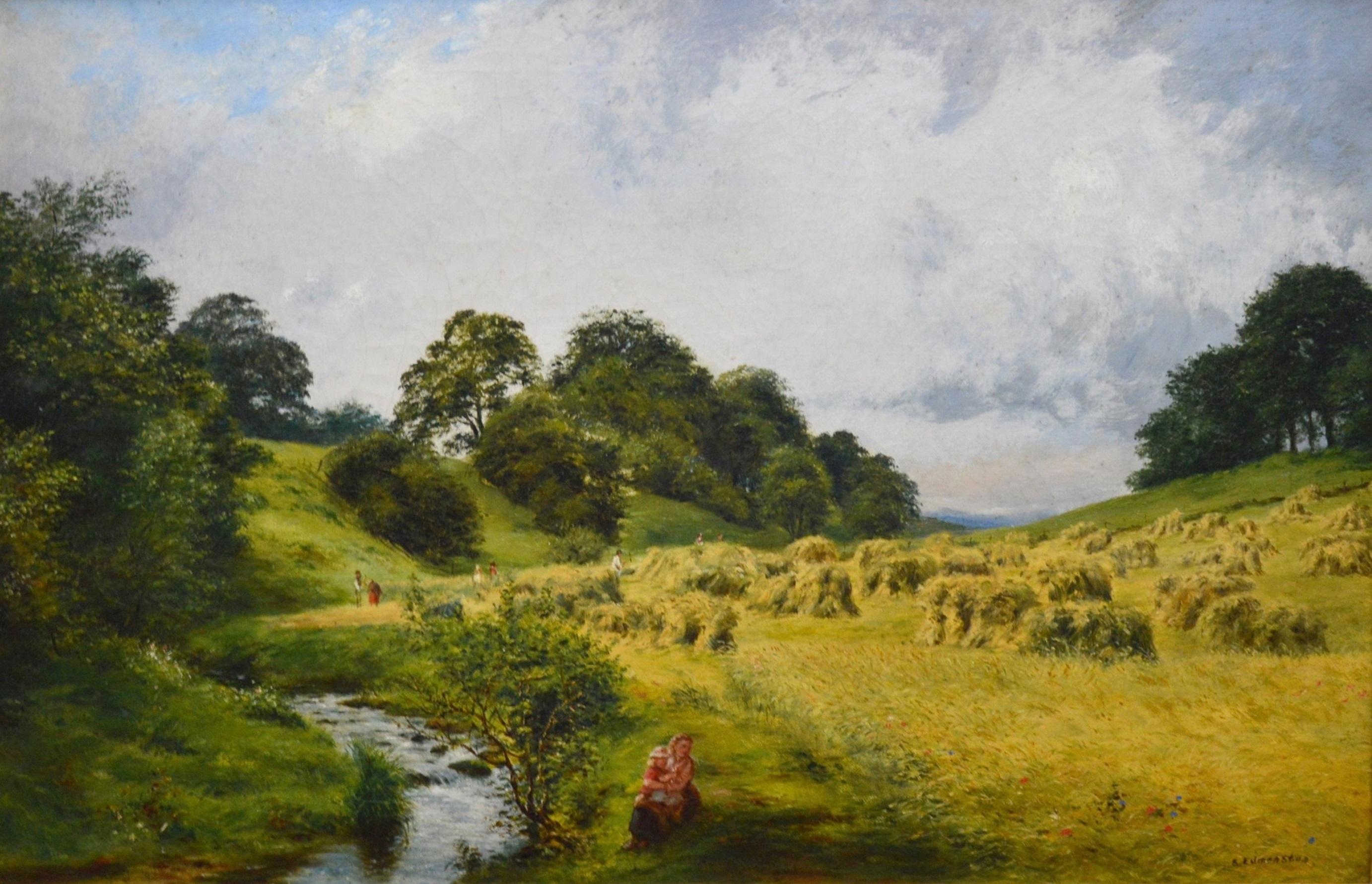 La moisson - peinture à l'huile paysage d'été du 19ème siècle - Victorien Painting par Samuel Edmonston