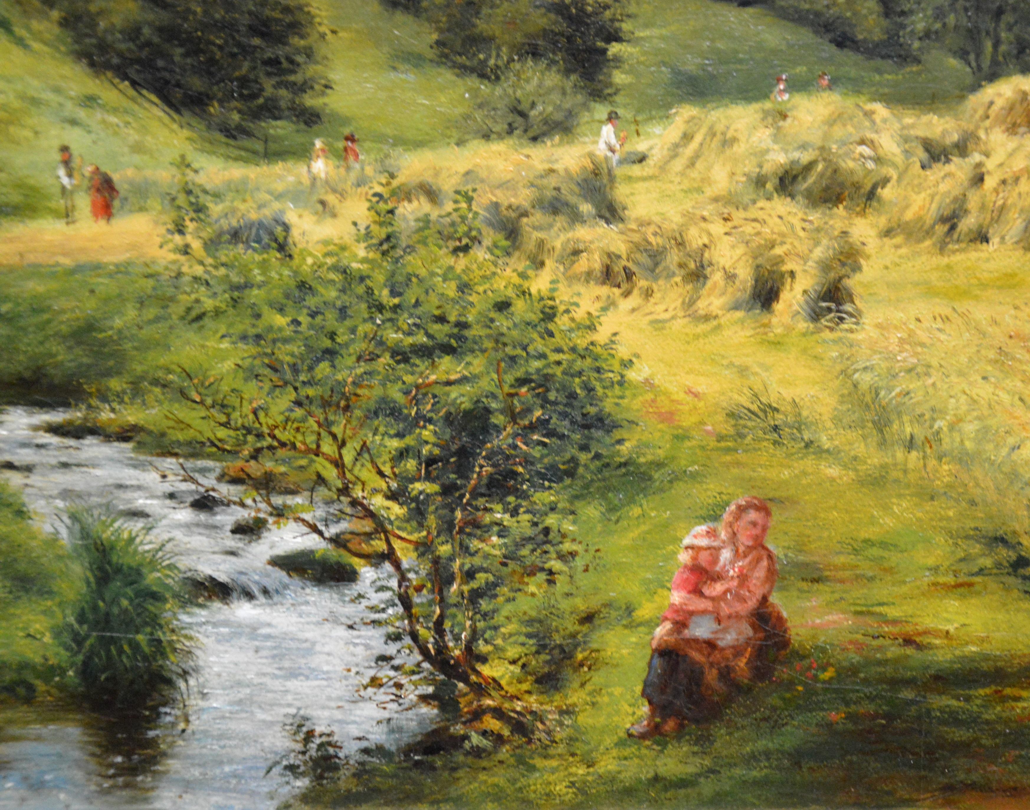 Une huile sur toile représentant un paysage d'été anglais du 19ème siècle avec des personnages travaillant sur 