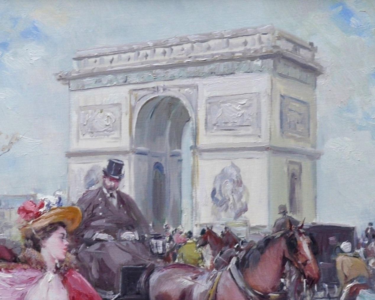 An original oil on canvas depicting a late 19th century scene near ‘L’arc de Triomphe’ in Paris, France by the popular Spanish Post-Impressionist painter Juan Soler (1940-). The painting is signed by the artist and hangs in a very good quality