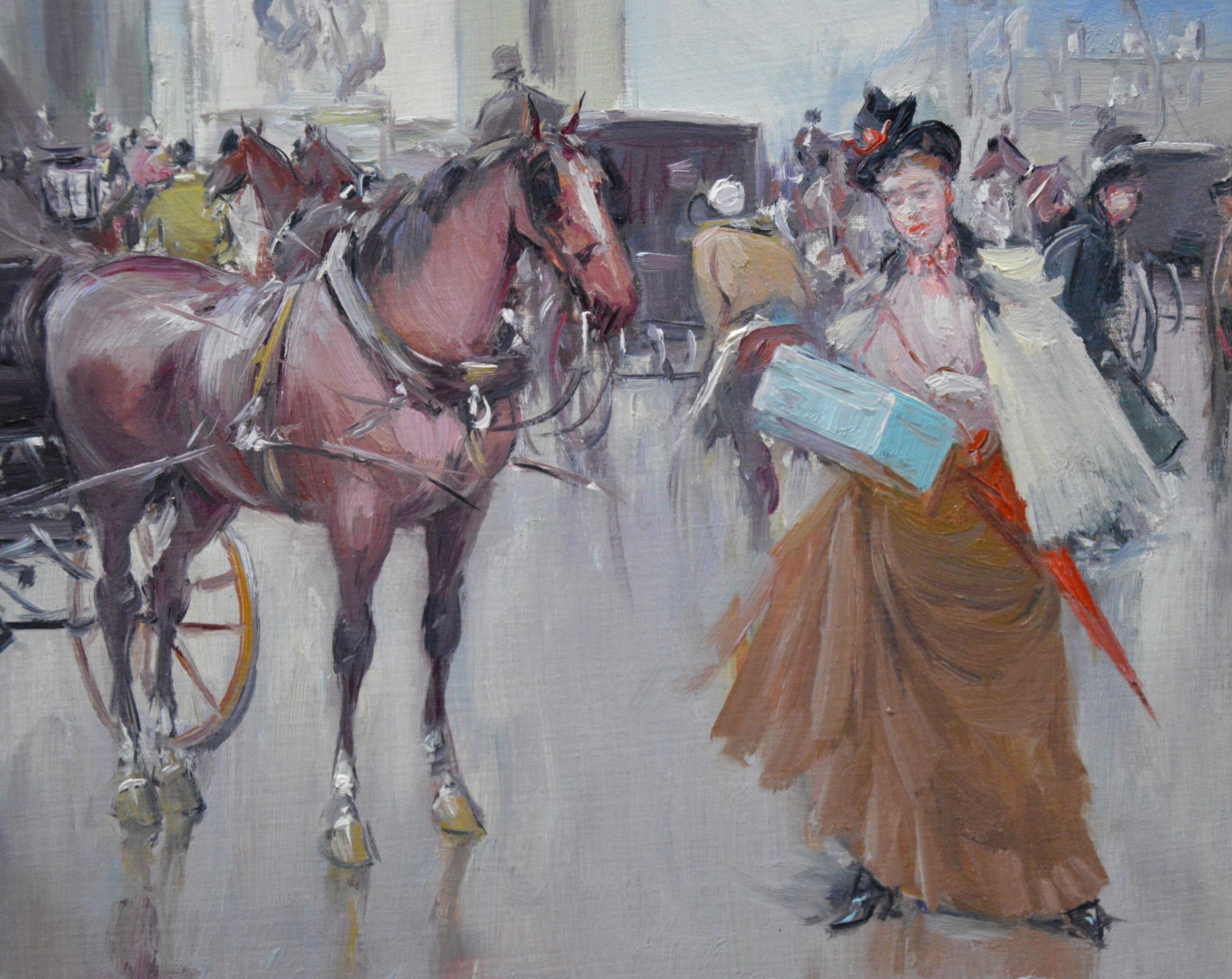 L'arc de Triomphe - Post Impressionist Oil Painting of Belle Epoque Paris - Gray Landscape Painting by Juan Soler