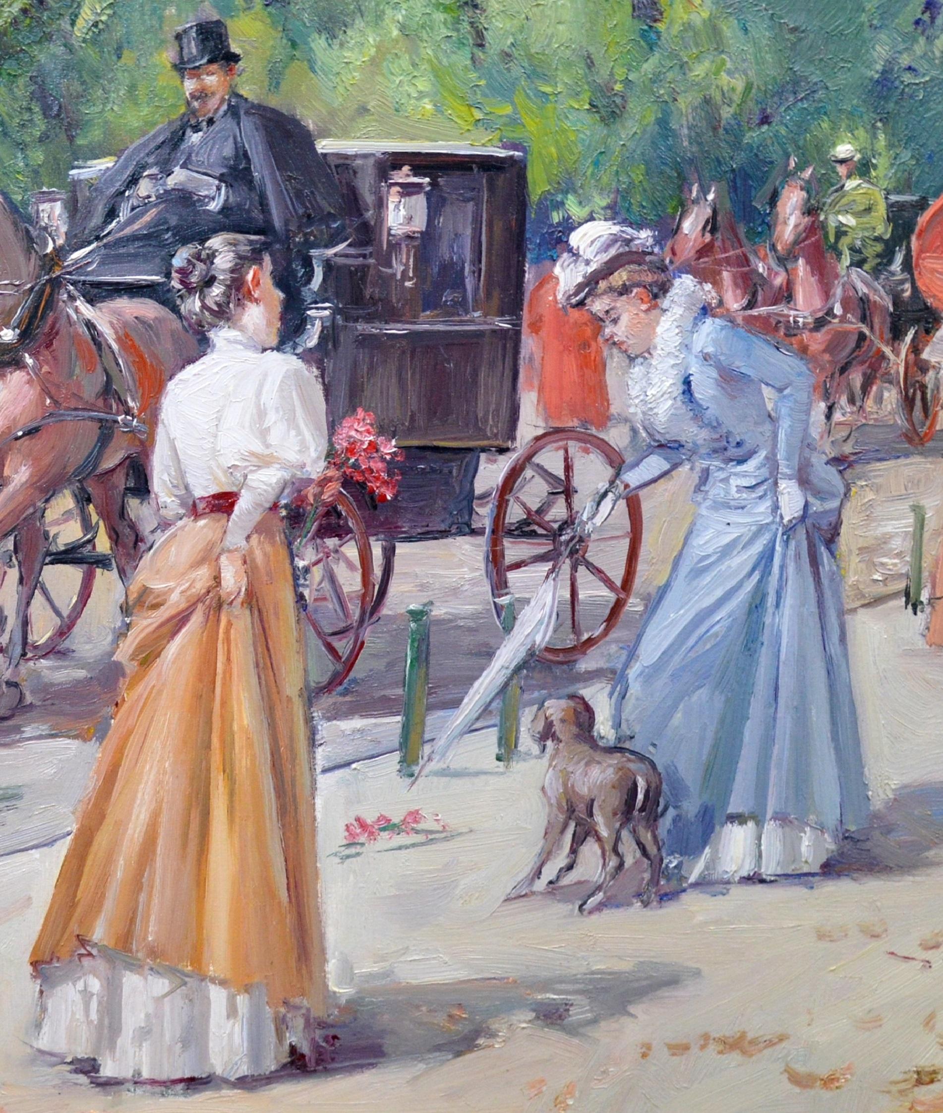 A fine large oil on canvas depicting a late 19th century scene in the famous ‘Jardin des Tuileries’ in Paris, France by the popular Spanish Post-Impressionist painter Juan Soler (1951-). The painting is signed by the artist and hangs in a very good